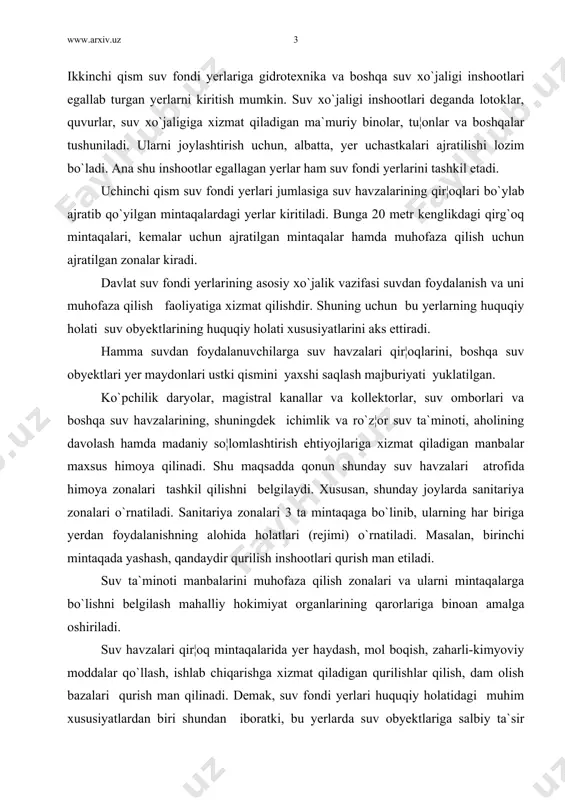 rnatiladi. masalan, birinchi mintaqada yashash, qandaydir qurilish inshootlari qurish man etiladi. suv ta`minoti manbalarini muhofaza qilish zonalari va ularni mintaqalarga bo`lishni belgilash mahalliy hokimiyat organlarining qarorlariga binoan amalga oshiriladi. suv havzalari qir¦oq mintaqalarida yer haydash, mol boqish, zaharli-kimyoviy moddalar qo`llash, ishlab chiqarishga xizmat qiladigan qurilishlar qilish, dam olish bazalari qurish man qilinadi. demak, suv fondi yerlari huquqiy holatidagi muhim xususiyatlardan biri shundan iboratki, bu yerlarda suv obyektlariga salbiy ta`sir ko`rsatadigan xo`jalik faoliyat yuritish va qurilish ishlari olib borish ta`qiqlanadi (yer kodeksining 77-moddasi). chunki, xo`jalik faoliyati yoki qurilish ishlari suvni ifloslanishi va zaxarlanishiga olib kelishi mumkin. shu sababdan, bu yerlar alohida tartibda muhofaza qilinadi. shuning uchun yer kodeksining 77-moddasida belgilanishicha, bunday holatlar ro`y bergan taqdirda bu yerlar tabiatni muhofaza qilish ehtiyojlari uchun yer egalaridan va yerdan foydalanuvchilardan olib qo`yilishi mumkin. ichki suvlar qir¦oq mintaqalarida qurilmalar va inshootlar qurish faqat tegishli hokimiyat idoralarining roziligi bilan amalga oshirilishi mumkin. bu qurilma va inshootlar …