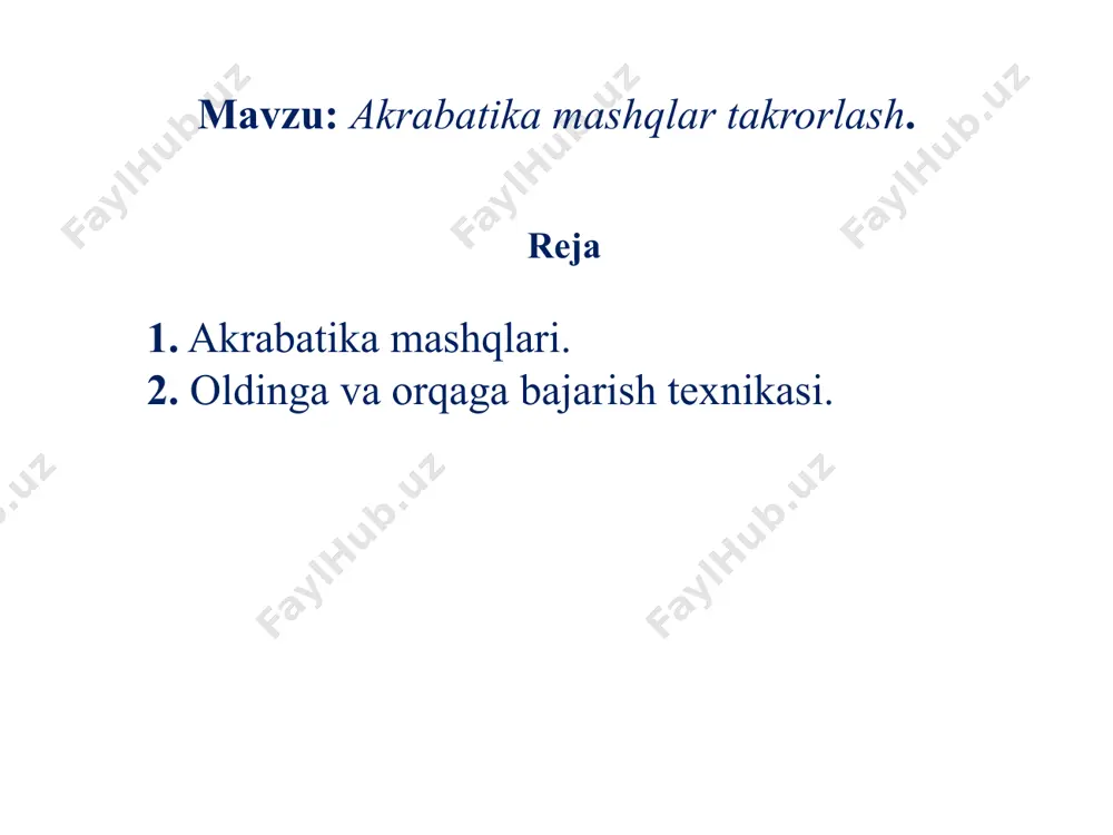 ga umbaloq oshish bajarish texnikasi. bu mashq orqaga o‘mbaloq oshishni birinchi qismini o‘zlashtirish uchun yordamchi mashq hisoblanadi. tayanib o‘tirishdan g‘ujanak bo‘lish va orqaga dumalashni bajarish, dumalash yakunida tirsak va panjalarni parallel ushlab, boshning yoniga polga kaft bilan tayanish (259-rasm). 6 uzun umbaloq oshish bajarish texnikasi. oldinga uzun o‘mbaloq oshish - yarim o‘tirishdan, qo‘llar orqada, qo‘llarda oldinga siltanib oyoqlarni yozib, qo‘llami oyoq panjalaridan 60-80 sm kam bo‘lmagan, yelkadan oldinga qo‘yish, oyoqlar bilan itarilib g‘ujanak holatida o‘mbaloq oshishni bajarish. bunda oyoqlaming tizzadan bukilishini, kuraklar polga tekkan paytida amalga oshishiga harakat qilish kerak (263-rasm). 7 uch qadamdan yugurib sakrab oldinga umbaloq oshish bajarish texnikasi. texnikaning asosiy xususiyati, oyoqlarda itarilgandan keyin tos-son bo‘g‘imidan ozgina bukilib tananing tayanchsiz holati, ya’ni uchish fazasi borligi hisoblanadi. qo‘llar bilan tayanchga tekkandan keyin oldinga o‘mbaloq oshish bajariladi. sakrab oldinga o‘mbaloq oshish, yarim o‘tirishdan, 2-3 ta matlar uyumiga qadam qo‘yib yugurib kelib bajariladi (265-rasm). 8 yon tomonga to‘ntarilish bajarish texnikasi. …