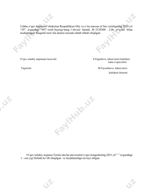 ....................................... seminarlar............................................................................................................... nazorat savollari.................................................................................................... ii. mustaqil ta’lim mashg‘ulotlari........................................... mustaqil ta’lim mavzulari bo‘yicha uslubiy ko‘rsatmalar....................................... iii. glossariy................................................................................................ iv. ilovalar................................................................................................... fan dasturi.................................................................................................................. ishchi fan dasturi........................................................................................................ modulni o‘qitishda foydalanadigan interfaol ta’lim metodlari tarqatma materiallar................................................................................................. testlar........................................................................................................................ baholash mezonlari………………………………………………………….... v.adabiyotlar……….…………..……………………………………… i.o‘quv materiallari 1.1. ma’ruzalar matni 1-mavzu: kirish. raqamli tarix fanining predmeti, tadqiqot doirasi, maqsadi va vazifalari (2 soat) reja: 1.tarix fanida axborot texnologiyalari fanining tarixiy tadqiqotlar tizimida tutgan o‘rni. 2. tarix ta’limida axborot texnologiyalarining o‘rni va ahamiyati. 3.informatsion inqilob tushunchasi. mavzuga oid tayanch tushuncha va iboralar: tarix fanida axborot texnologiyalari fanining tarixiy tadqiqotlar tizimida tutgan o‘rni. fanning maqsadi, vazifalari. tarix ta’limida axborot texnologiyalarining o‘rni va ahamiyati. fanning uslubiy, ilmiy-nazariy asoslari. fanga oid tamoyil va yangicha yondashuvlar. informatsion inqilob tushunchasi