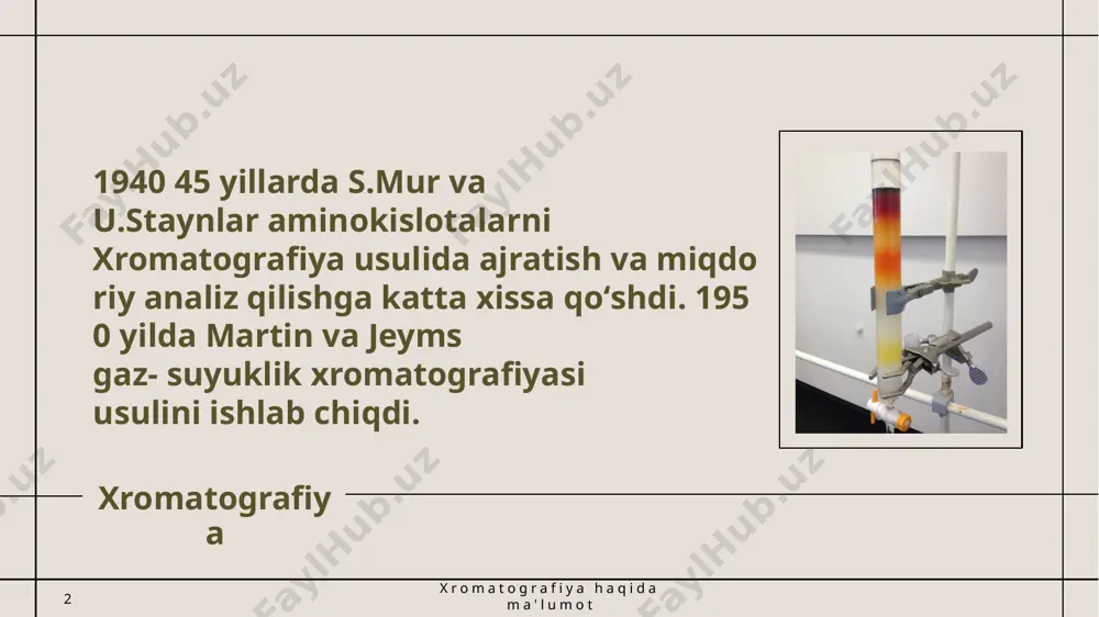 uvchi faza sifatida gazlar yoki statsionar faza bilan aralashmaydigan suyuqlik ishlatiladi. xromatografiyaning gaz-suyuqlik, suyuqlik-suyuqlik kabi zamonaviy turlari ajratish taqsimoti tamoyiliga asoslanadi. 12 заголовок презентации 20гг cho'kma xromatografiyasi. eruvchanlik farqiga mos keladigan aralashmadagi ionlar tomonidan hosil bo'lgan cho'kmalarning aralashmasiga asoslangan. laboratoriyada qog'ozda cho'kma xromatografiyasi amalga oshiriladi. 13 заголовок презентации 20гг 4) pik xromatografiyasi qog'ozda o'tkaziladigan cho'kma xromatografiyasining bir turi bo'lib, unda harakatlanuvchi (eluent) fazaning vertikal yo'nalishda harakatlanishi natijasida aniqlanganlar soniga qarab qog'ozda to'q rangli nuqta hosil bo'ladi. ionlari. masalan: cho’ktiruvchi – filtr qog’ozi dimetilglioksimga namlangan va quritilgan – ni2+ eritmasidan boshlang’ich chiziqqa tomiziladi va petri idishidagi suvga vertikal ravishda tushiriladi.agar elyuent (suv) ning yuqoriga harakatlanishi tufayli ni2+ ionlari qog'ozning yangi shoxlariga o'ting, keyin tepalik qizil bo'ladi. dog'ni hosil qiluvchi dog'ning sirt maydoni tomchidagi ni2+ ionlarining miqdoriga bog'liq. 14 заголовок презентации 20гг 5) gel xromatografiyasi - aralashmaning molekulalarini o'lchamlari bo'yicha ajratishga asoslangan. qopqoqli (jelatin) jel bilan to'ldirilgan ustun orqali kichik umb molekulalari …