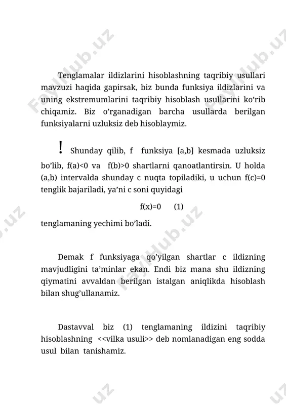 nayotgan c ildizning taqribiy qiymati bo’lsa, keying xk+1 taqribiy qiymat uchun formulani aniqlaylik. buning uchun grafikning (xo ,f(xo)) va (b ,f(b)) koordinatalik nuqtalaridan o’tuvchi to’g’ri chiziqning tenglamasini, ya’ni y(x) = f(xk)+ (9) tenglamani qaraymiz. qayd qilganimizdek, x2k+1 son y(x)=0 tenglamani ildizi bo’lishi kerak. demak, 0 = f(xk)+ va bundan chiqdi, (10) mazkur rekkurent formula (1) tenglama ildizining taqribiy hisoblashning vatarlar usuli ketma-ketligini aniqlaydi. bunda boshlang’ich yaqinlashish sifatida (11) nuqtani olishimiz mumkin. agar f funksiyaning [a,b] kesmadagi hosilasi musbat va o’suvchi bo’lsa, yuqoridagi ketma-ketlik korrekt aniqlaganligiga, ya’ni xk nuqtalardan birortasi ham [a,b] kesmadan tashqariga chiqmasligiga ishonch hosil qilamiz. ! 3 – tasdiq. berilgan f funksiya [a,b] kesmada differensiallanuvchi bo’lib, uning f ‘(x) hosilasi shu kesmada o’suvchi bo’lsin. u holda istalgan tegishli [a,b] nuqta uchun (12) ayirmali nisbat x ning funksiyasi sifatida x>xo da o’suvchi bo’ladi. isbot: har qanday h>0 uchun x ni x+h ga o’zgartirganimizda (12) ayirmali nisbat qiymatining kamaymasligini ko’rsatish …