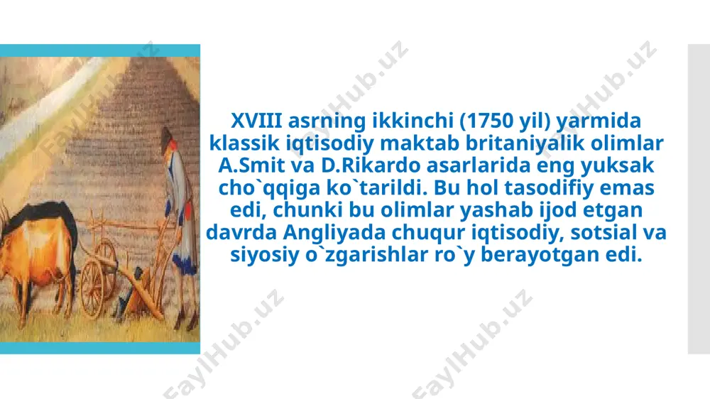 aligidagina samarali bo`ladi, desalar, a.smit mehnatni barcha sohalarda (sanoat, qishloq xo`jaligi va xizmat ko`rsatish sohalari) boylikning asosi deb bildi. 4.1. a.smit manufaktura davrining iqtisodchi nazariyotchisi «xalqlar boyligining tabiati va sabablari to'g'risidagi tadqiqot» asarda insoniyat tomonidan ilgari yaratilgan iqtisodiy bilimlar mujassamlashtirildi va umumiy nazariy tamoyillar asosida nisbatan batartib iqtisodiy fanlar tizimiga aylandi. qiymat va qo'shimcha daromad muammolari kapital jamg'arilishining shakllanishi davrida evropaning iqtisodiy rivojlanishi turli xalqlarda farovonlik, kapitalizm taraqqiyotining tarixiy shart-sharoitlari merkantilizm va fiziokratlarning ta'limotiga munosabati davlat moliya tizimi a.smit o'z iqtisodiy qarashlarida nimaga erishishga harakat qilgan ? iqtisodiyotni tartibga solishga qarshi iqtisodiyotni erkinlashtirish bilan bog'liq islohotlar g'oyasini ilgari surgan iqtisodiyot o'zini-o'zi boshqara olishiga ishongan monopoliyaning har qanday shaklini qoralagan erkin savdo tarafdori, tashqi savdoda protektsionizmga qarshi bo'lgan quyidagi sohalar davlat tomonidan qo'llab-quvvatlanishi tarafdori: mudofaa huquq-tartibot ijtimoiy farovonlik muassasalari «yosh tarmoqlar»ni qo'llab-quvvatlash maqsad – boylikning shakllanishi va rivojlanish shart-sharoitlarining mohiyatini ochib berish boylik manbai – mehnat unumdorligi tadqiqot predmeti – boylik …