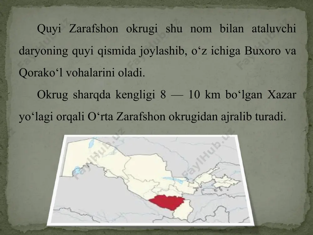 aqt-vaqti bilan amudaryoga quyilib turgan. lekin, so‘ngra qashqadaryo va sangzor daryolarining zarafshonga quyilmay qo‘yishi natijasida zarafshon tarmoqlanib oqib, qorako‘l deltasini hosil qilgan. qashqadaryo esa janubga burilib, tarmoqlanib, katta delta hosil qilgan bo‘lsa, sangzor daryosi shimol tomon burilib, mirzacho‘l tomonga oqa boshlagan, natijada zarafshon suvi kamayib, amudaryoga yetib bormagan. quyi zarafshon okrugida daryolarning tarmoqlanib oqishi va zilzilalar sodir bo‘lib turishi neotektonik jarayonlar bilan bog‘liq. yaqin davrgacha o‘rta osiyoning tekislik qismi, shu jumladan, quyi zarafshon okrugi ham seysmik jihatidan birmuncha tinch deb hisoblanar edi. lekin zarafshon okrugi hududida so‘nggi yillarda zilzilalar (buxoroda 1821—1822- yillarda 8 balli, gazlida 1976- va 1987- yillari 9—10 balli) bo‘lib turishi bu hududni ham seysmik rayonga kiritilishiga asos bo‘ldi. quyi zarafshon okrugi va uning atrofi neft-gaz zaxirasiga boy hudud hisoblanib, eng muhim konlari gazli, jarqoq, qorovulbozor, shodi, dengizko‘l va boshqalar hisoblanadi. shuningdek, okrug hududida bir nechta tuz hamda har xil qurilish xomashyo konlari mavjud. yerusti tuzilishi. quyi zarafshon …