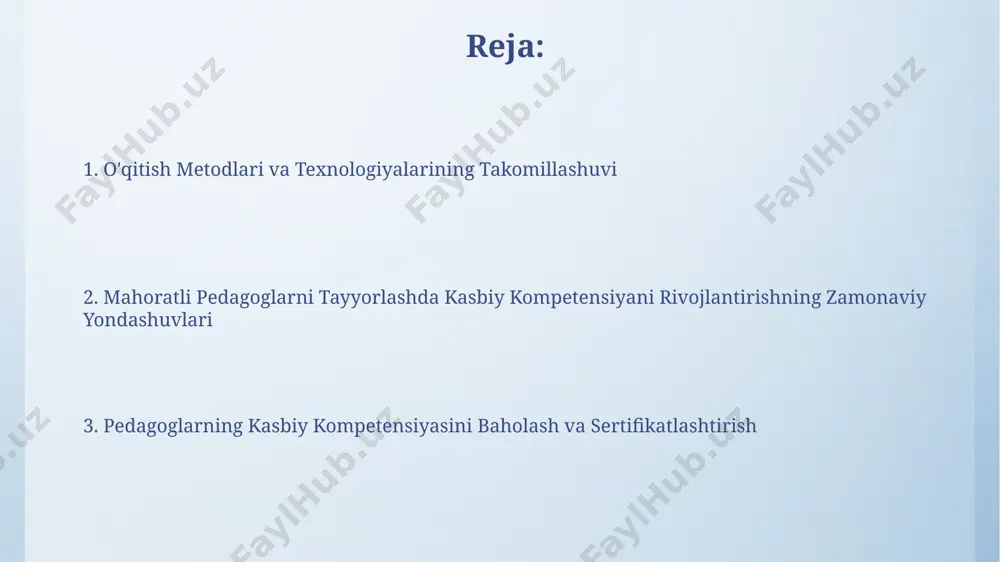 ma'horatli pedagoglarni tayyorlashda virtual va qo‘shaloq ekranli o‘quv dasturlari samaradorligini 20% ga oshirish imkoniyatini beradi, bu esa o‘qituvchilarning amaliy ko‘nikmalarini rivojlantirishga yordam beradi. zamonaviy pedagogik kompetensiyalar modeli model, pedagoglarning o'quv jarayoniga 21-asr talablariga moslashishi uchun digital savodxonlik, kritik fikrlash, kreativlik kabi kompetensiyalarni rivojlantirishga qaratilgan. zamonaviy pedagogik kompetensiyalar modeli 5 ta asosiy blokdan: kommunikativ, axborot-kommunikatsion texnologiyalar, innovatsion, shaxsiy va ijtimoiy-madaniy kompetensiyalardan iborat bo'lib, har biri 3-5 ta ko'nikmalarni o'z ichiga oladi. ma'horatli pedagoglarni tayyorlashda xalqaro tajriba va eng yaxshi amaliyotlar xalqaro miqyosda qo'llaniladigan 3-bosqichli baholash tizimi (o'z-o'zini baholash, tengdoshlar tomonidan baholash, ekspertlar tomonidan baholash) pedagoglarning professional kompetentsiyasini ob'ektiv baholaydi. ma'horatli pedagoglarni tayyorlashda 50 dan ortiq mamlakatning ta'lim tizimlarini tahlil qilish, o'qituvchilarni malaka oshirishning innovatsion usullarini aniqlashga yordam beradi. pedagoglarning o'z ustida ishlashi va malaka oshirish tizimi innovatsion pedagogik texnologiyalarni qo'llash bo'yicha treninglar pedagoglarning 75% da darslarga talabalarning jalb etilishini 15% ga oshiradi. kamida 30 soatlik amaliy mashg'ulotlar va 15 soatlik nazariy …