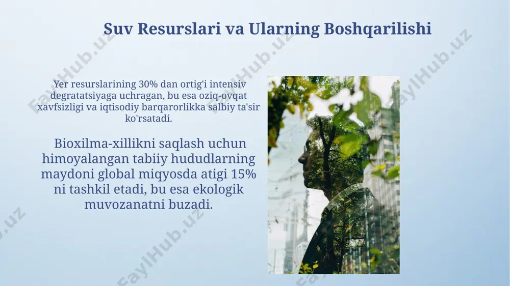 getika samaradorligini 20% ga oshirish orqali global energiya iste'moli 15% ga kamayishi va shu bilan birga atrof-muhitga salbiy ta'sirini sezilarli darajada kamaytirish mumkin. iqlim o'zgarishi va inson sog'lig'i iqlim o'zgarishi tufayli yuqumli kasalliklar, masalan, bezgak va dengavur, yiliga 5 million kishining o'limiga sabab bo'ladi, bu esa jahon sog'liqni saqlash tizimlariga katta yuk qo'yadi. 2050-yilga kelib, iqlim o'zgarishi tufayli suv tanqisligi va oziq-ovqat xavfsizligi bilan bog'liq muammolar 1 milliardgacha odamni ko'chirishga majbur qilishi mumkin, bu esa sog'liqni saqlash va ijtimoiy farovonlikka jiddiy tahdid soladi. bioxilma-xillik va ekologik muvozanat bioxilma-xillik 100 000 dan ortiq o'simlik va hayvon turlarining yo'q bo'lib ketish xavfi ostida ekanligini ko'rsatadi, bu esa ekologik muvozanatni jiddiy buzadi. ekologik muvozanatni tiklash uchun kamida 20 yillik davom etadigan va 5 milliard dollar sarmoya talab qiladigan keng ko'lamli dasturlarni amalga oshirish zarur. e'tiboringiz uchun rahmat @taqdimot_robot image4.png image5.jpg image6.jpg image7.jpg image8.jpg image9.jpg image10.jpg image11.jpg image12.jpg image13.jpg image14.jpg image15.jpg image16.jpg image17.jpg image18.jpg …