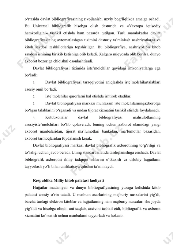 osiy o‘rin tutadi. u matbuot asarlarining majburiy nusxalarini yig‘di, barcha turdagi elektron kitoblar va hujjatlarning ham majburiy nusxalari shu joyda yig‘ildi va hisobga olindi, uni saqlab, arxivini tashkil etdi, bibliografik va axborot xizmatini ko‘rsatish uchun manbalarni tayyorladi va hokazo. 1920- yilda o‘zbekistonda nashriyotchilik ishi va kitob ishi rivojlanib borishi bilan davlat bibliografiyasining markazini tashkil etish ehtiyoji paydo bo‘lgan edi. shu yili kuzda toshkentdagi turkiston davlat nashriyotida birinchi turkiston kitob palatasi tashkil etildi. ammo o‘sha paytdagi shart-sharoitlarning murakkabligi tufayli chiqayotgan nashrlarning hammasini hisobga olib borish, ularning ro‘yxatini tuzish va nashr etish, rossiya markaziy kitob palatasiga kelib tushayotgan va mahalliy kutubxonalarga kelayotgan nashrlarni to‘la qamrab olish imkoni bo‘lmadi. 7— bibliografiya 1922 — 1924- yillarda turkiston matbaa asarlarining davlat hisobini olib borish va rossiya kitob palatasining «kitob yilnomasi»da aks ettirishga urinishlar bo‘lgan. 1922- yil 17- iyulda qabul qilingan respublikalar hududida nashr etilayotgan matbuot asarlarini majburiy hisobga olish haqidagi qarordan so‘ng yana turkiston kitob …