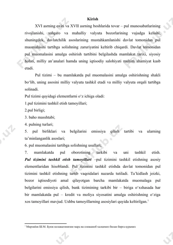 ltirilgan).[footnoteref:2] [2: мирзиёев ш.м. буюк келажагимизни мард ва олижаноб халқимиз билан бирга қурамиз] pul tizimining turlari kishilik jamiyatining vujudga kelishi, rivojlanishi va takomillashuvi barobarida tovar – pul munosabatlari ham shunga monand holda rivojlanib va takomillashib kelmoqda. shuningdek, pul tizimi ham mavjud ijtimoiy – iqtisodiy jarayonlar davomida ikki turdan iborat bo‘ldi. xususan: – metall pullar tizimi, bunda tovar pul (qimmatbaho metall) muomala vositasini bajaradi, metall pullar to‘lov vositasini bajarganda ularda pulning barcha funktsiyalari namoyon bo‘ladi; – qog‘oz – kredit pullar tizimi, oltin va kumush tanga pullar evolyutsion tarzda qog‘oz – kredit pullari tomonidan muomaladan siqib chiqarildi. metall pullar tizimi sharoitida metall qanday shaklda bo‘lishidan qa’tiy nazar, to‘lov vositasi sifatida qabul qilindi. metall pullar tizimi ikkiga bo‘linib, birinchisi, bimetallizm, ikkinchisi, monometallizm sifatida guruhlanadi. bimetallizm– bu pul tizimida davlat qonuniy jihatdan to‘lov vositasi ikkita metallni (odatda oltin va kumush) chegaralanmagan miqdorda erkin zarb qilishga ruxsat beradi. o‘z navbatida bimetllizm tizimi uchta shaklda amal …