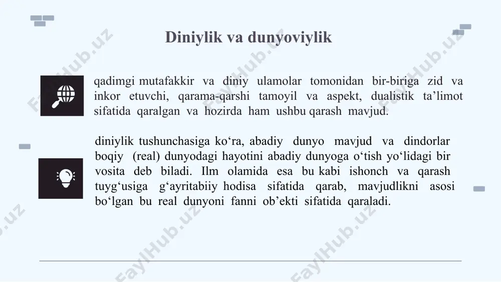 -irodasiga, ota-onasining yoki qonuniy vakillarining xohish-irodasiga zid tarzda diniy tashkilotlarga jalb etishga yo‘l qo‘yilmaydi. o‘z diniga e’tiqod qilish yoki ishonish erkinligiga nisbatan faqat qonunda nazarda tutilgan cheklovlar tatbiq etiladi. o‘zbekiston respublikasining konstitutsiyaviy tuzumini zo‘rlik bilan o‘zgartirish, uning suvereniteti va hududiy yaxlitligiga putur yetkazish, fuqarolarning konstitutsiyaviy huquq va erkinliklarini kamsitish, urushni, milliy, irqiy, etnik yoki diniy adovatni targ‘ib qilish, fuqarolarning sog‘lig‘i va axloqiga tajovuz qilish, fuqarolar totuvligini buzish, vaziyatni beqarorlashtiruvchi tuhmatdan iborat uydirmalarni tarqatish, aholi o‘rtasida sarosima uyg‘otish hamda shaxs, jamiyat va davlatga qarshi qaratilgan boshqa harakatlar sodir etish maqsadida dindan foydalanishga yo‘l qo‘yilmaydi. 02.12.2024 14 vijdon erkinligi va diniy tashkilotlar to‘g‘risida o‘zbekiston respublikasining qonuni, 2021 yil 5 iyul 02.12.2024 15 5-modda. vijdon erkinligini ta’minlashning asosiy ustuvorliklari vijdon erkinligini ta’minlashning asosiy ustuvorliklari quyidagilardan iborat: fuqarolarning dinga munosabatidan qat’i nazar, diniy qarashlarni majburan singdirishga yo‘l qo‘ymagan holda, ularning vijdon erkinligiga bo‘lgan o‘z huquqlarini amalga oshirishi uchun teng shart-sharoitlar yaratish; konfessiyalar o‘rtasidagi tinchlik …