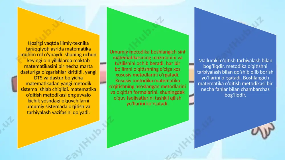rini shakllantirish bilan birga ularda matematikaning qonuniyatlarini o’rganishga bo’lgan qiziqishlarini tarbiyalashdan iboratdir. v) o’quvchilarda matematik tafakkurni va matematik madaniyatni shakllantirish. matematika darslarida o’rganiladigan ibora, amal belgilari, tushuncha va ular orasidagi qonuniyatlar o’quvchilarni atroflicha fikrlashga o’rgatadi boshlang’ich sinflarda matematika o’qitishning amaliy maqsadi o’z oldiga quyidagi vazifalarni qo’yadi: a) o’quvchilar matematika darsida olgan bilimlarini kundalik hayotda uchraydigan elementar masalalarni yechishga tadbiq qila olishga o’rgatish, o’quvchilarda arifmetik amallar bajarish malakalarini shakllantirish va ularni mustahkamlash uchun maxsus tuzilgan amaliy masalalarni hal qilishga o’rgatish b) matematika o’qitishda texnik vosita va ko’rgazmali qurollardan foydalanish malakalarini shakllantirish. bunda diqqat o’quvchilarning jadvallar va hisoblash vositalaridan foydalana olish malakalarini tarkib toptirishga qaratilgan. v) o’quvchilarni mustaqil ravishda matematik bilimlarni egallashga o’rgatish. o’quvchilar imkoni boricha mustaqil ravishda qonuniyat munosabatlarini ochish, kuchlari yetadigan darajada umumlashtirishlar qilishni, shuningdek og’zaki va yozma xulosalar qilishga o’rganishlari kerak. o’qitish samaradorligining zaruriy va muhim sharti o’quvchilarning o’rganilayotgan materialni o’zlashtirishlari ustidan nazoratdir. image1.jpeg image2.jpeg image3.jpg image4.png image5.jpg image6.jpg …
