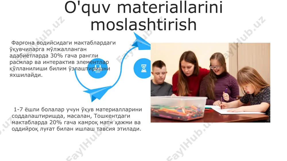 agi 50 dan ortiq maktabda onlayn ta'lim platformalari, jumladan, "eduportal" va "ustoz" kabi tizimlar qo'llanilib, uzoq muddatli davolanuvchi bolalar uchun 24/7 ta'lim imkoniyatlarini ta'minlaydi. masofaviy ta'limda interfaol o'yinlar va virtual haqiqat texnologiyalaridan foydalanish, toshkentdagi bolalar shifoxonalarida 70% ga yaqin bolalarning o'qishga bo'lgan qiziqishini oshirgan va o'qish samaradorligini yaxshilagan. texnologiyalardan foydalanish muvaffaqiyatli amaliyotlar va misollar buyuk britaniyaning london shahridagi “great ormond street” bolalar kasalxonasi 25 dan ortiq mutaxassisni o'z ichiga olgan maxsus ta'lim guruhiga ega bo'lib, bemorlarning 70% o'z yoshidagilar bilan bir xil ta'lim darajasiga erishadi. avstraliyaning sidney shahrida joylashgan “royal alexandra” bolalar kasalxonasi onlayn ta'lim platformasidan foydalanib, 5 yoshdan 18 yoshgacha bo'lgan 150 ga yaqin bolani o'zining individual ehtiyojlariga moslashtirilgan ta'lim dasturi bilan ta'minlaydi. avstraliyaning sidney shahrida joylashgan “royal alexandra” bolalar kasalxonasi onlayn ta'lim platformasidan foydalanib, 5 yoshdan 18 yoshgacha bo'lgan 150 ga yaqin bolani o'zining individual ehtiyojlariga moslashtirilgan ta'lim dasturi bilan ta'minlaydi. e'tiboringiz uchun rahmat @taqdimot_robot image5.jpg image6.jpg image7.jpg …