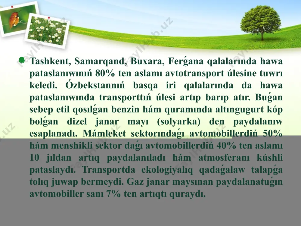 r hám ilajlar ámelge asırılıp atır. ózbekstanda atmosfera hawasın qorǵaw ústin turatuǵın máselelerden esaplanadı. sanaat kárxanaların ekologiyalastırıw zárúrli áhmiyetke iye boladı. hawa pataslanıwın baqlaw hám baqlaw -monıtoring sistemasın jetilistiriw talap etiledi. ózbekstanda «atmosferanı qorǵaw tuwrısında» arnawlı nızam (1996 jıl, dekabr') qabıl etilgen. nızamǵa muwapıq atmosferaǵa unamsız tásiri ushın kárxanalar, shólkemler hám mákemeler ushın tólewler belgilengen hám basqa minnetlemeler júklengen. belgilengen normadan artıq pataslaytuǵın birikpelerdi shıǵarıw ushın da tólewler belgilengen. ózbekstanda hawanıń tábiyiy shańlanganligi joqarı, usınıń sebepinen kópshilik sanaatı rawajlanǵan qalalar hám wálayat oraylarında shań menen pataslanganlıq jıllıq ortasha dárejesi ruxsat etilgeninen kem bolmayapti. hawanıń altıngugurt dioksid (so2) menen joqarı dárejede pataslanganligi almalıq, muborak qalalarında, uglerod oksidi menen bolsa mashinasozlik zavodları qasında hám tashkenttiń kóshe kesispesilerinde baqlanadı. hawanıń ammiak menen joqarı dárejede pataslanganligi ferǵana, chirchiq, almalıq, andijan, navaiy qalalarındaǵı mineral tóginler islep shıǵarıw kárxanaları hám azıq-túlik sanaatı kárxanaları átirapında baqlanadı. paydalanılǵan ádebiyatlar: глушкова в.г., макар с.в. «экономика природопользования» учебное- пособие м:, …
