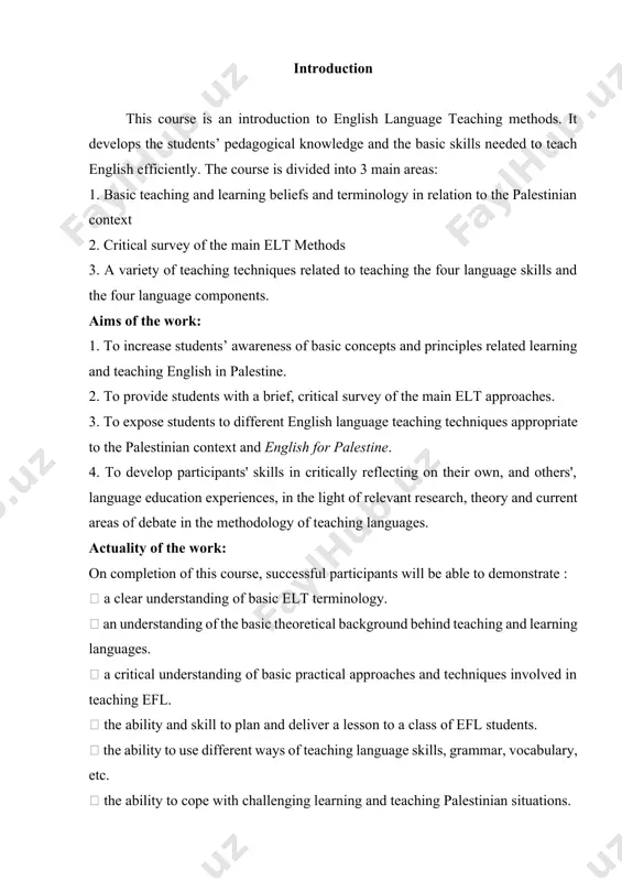 he ability to reflect critically on learning experiences on the course and relate them to educational contexts.2 subject of the work: introduction to elt: basic beliefs & concepts main elt methods and approaches 1. grammar translation method 2. direct method 3. audio-lingual approach 4. cognitive code approach 5. humanistic approaches (cll, silent way, suggestopedia and tpr) 6. the communicative approach teaching techniques how to teach listening how to teach speaking how to teach reading how to teach writing how to prepare lesson plans task of the work: teaching methodology  active participation in class  whole class discussion  pair and group work  giving presentations an analysis and evaluation of a book of choice, focusing on its approach to the teaching of the four language skills. length required: 1000 words preparing a plan for a 45 minute lesson, focusing on the teaching of a specific language skill taken from …