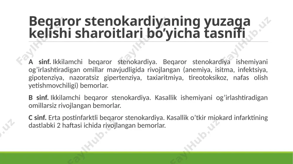 gidropiridinli qator unumlari (masalan, verapamil va diltiazem) va digidropiridin unumlari (masalan, nifedipin va amlodipin). ushbu kichik guruh vositalari ta’siri mexanizmi bir-biridan farq qiladi, lekin ularning barchasi antianginal ta’sirga ega va stenokardiyani davolash uchun samarali hisoblanadi. kaltsiy kanallarining barcha blokatorlari kuniga bir marta qabul qilinadigan uzoq muddat ta’sir qiladigan shaklda belgilanadi. kerakli ta’sirga erishilmagan bemorlarda digidropin unumlari β-adrenoblokatorlarga qo’shilishi mumkin. kaltsiy kanallarining nodigidropiridinli blokatorlari va β-adrenoblokatorlar kombinatsiyasi tavsiya etilmaydi, chunki bunda ortiqcha bradikardiya yuzaga kelishi mumkin. β-adrenoblokatorlarga qarshi ko’rsatmalar mavjud bo’lsa (bronxial astma, soo’k, oyoqlar aterosklerozi), ularning o’rni kaltsiy kanallarining nodigidropin blokatorlari bilan bosilishi mumkin. nojo’ya ta’sirlari: nojo’ya ta’sirlaridan eng tez-tez uchraydiganlari kichik boldirning periferik shishlari (ayniqsa, digidropin unumlari qabul qilinganda) sanaladi. diltiazem simptomatik bradikardiyaga, erapamil — qabziyat va giperemiyaga (bu o’z navbatida miokardning qisqarish qobilyati yomonlashuviga olib keladi, shu sababli β-adrenoblokatorlar bilan birga belgilanganida bu inobatga olinishi kerak) olib kelishi mumkin. nitratlar hozirgi vaqtda ushbu guruhdagi 3 dori turi ishlatiladi: …
