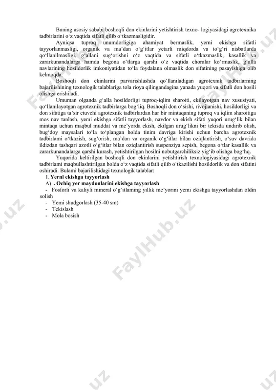 hosildorlik har yilgidan yuqori bo‘lganligi dehqonlarimiznmg samarali mahnatlari natijasi hisoblanadi. respublikamizda o‘tgan yilda g‘alla hosildorligi gektaridan o'rtacha 45,4 sentnemi, suvli yerlarda esa 51,2 sentnyemi tashkil etdi. yalpi yetishtirilgan don hosih 6 mln 650 ming toimani tashkil etdi. bu muhtaram yurtboshimiz i.a.karimovning mamlakatimiz mustaqilligining dastlabki yfflaridayoq, aholimizni don va don mahsulotlari bilan ta’minlash, o‘z donimiz va o‘z nonimizga ega bo‘lishimiz, buning uchun g‘alla mustaqilligiga erishishimiz kerakligi to‘g‘risida oqilona yo‘l o‘riqlari, ko‘rsatmalarini naqadar to‘g‘ri ekanligini isbotidir. bugungi kunda respublikamiz g‘alla yetishtirish va hosildorligi bo‘yicha rivojlangan mamlakatlar qatoridan joy oldi. g‘alla dunyodagi barcha insonlaming asosiy oziq-ovqati hisoblanishini hammamiz yaxshi bilamiz. dunyoda 220 mln. gektardan ortiqroq maydonda g‘alla ekiladi. yalpi don hosili esa 650 mln. tonnani tashkil etadi (16.1-jadval). 16.1-jadval dunyoning ayrim mamlakatlarida g‘alla yetishtirish t/r. mamlakatlar ekin maydoni, ming ga hosildorligi, s/ga yalpi hosil, mln. tonna 1. belgiya 213 78,0 1,660 2. fransiya 5206 73,0 38,139 3. germaniya 2794 73,0 20,479 4. niderlandiya …