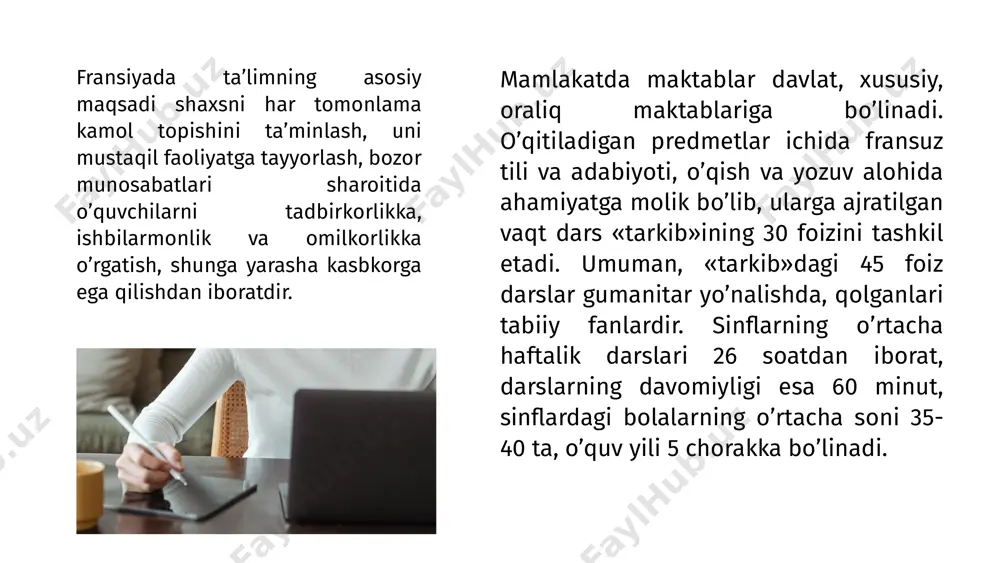 iriladi. birinchi bosqichda quyidagi predmetlar o’rgatiladi: frantsuz tili va adabiyoti, chet tili (ingliz, nemis, ispan, italyan tillari), tarix, frantsiya geografiyasi, matematika, tabiiy fanlar. shunday qilib 6-5-sinflar umumiy o’rta ta’lim beradi: 4-3-sinflarda o’quvchilarga qobiliyati va moyilligiga qarab bilim beriladi. birinchi bosqich yakunlangach, o’quvchilar kasbiy yo’nalishlari bo’yicha guvohnoma oladilar. o‘rta ta’lim .shundan keyin o’quvning ikkinchi bosqichi boshlanadi. bu bosqichda o’quvchilar 15 yoshdan 18 yoshgacha ta’lim oladilar. o’qish 3 yil davom etib 2-sinf kichik, 1-sinf o’rtavayakunlovchi sinflarga bo’linadi. o’quvchilar umumiy ta’lim va texnik litseylarni tugatganlaridan so’ng bakalavr unvoni va diplomi uchun imtihon topshiradilar. ana shunday diplomga ega bo’lganlargina oliy o’quv yurtlariga kirish huquqini qo’lga kiritadilar. umumiy ta’lim yo’nalishidagi uch yillik ta’lim litseylarida quyidagi fanlar o’qitiladi: adabiyot tarixi, ona tili va adabiyoti, lotin tili, chet tili (ingliz, nemis, ispan, italyan tillari bo’lishi mumkin), tarix, geografiya, fransiya ekonomikasi. o‘rta ta’lim xuddi shu 3 yillik bosqichli texnik litseylarda uning yo’nalishlariga qarab matematika, fizika, ximiya hamda boshqa …