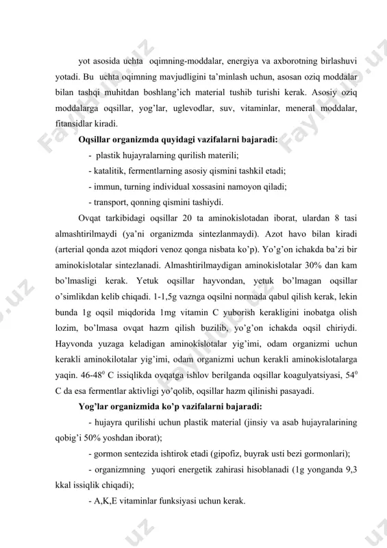 uqori energetik zahirasi hisoblanadi (1g yonganda 9,3 kkal issiqlik chiqadi); - a,k,e vitaminlar funksiyasi uchun kerak. zamonaviy odam ratsioniga o’simlik va hayvon yog’lari kiradi. birinchisiga yarim tuyingan yog’ kislotalar kiradi. linolin kislotasi organizmda sintezlanmaydi. hayvon yog’lari tarkibidagi xolimikron, xoesterin yog’ pufaklari qonning quyilishiga olib keladi. bu yog’lar tok sinlarni yig’adi. o’simliklar yog’lari yarim to’yingan kislotalardan tuzilgan. bu turdagi kislotalar xolesterin va uning hosilalarining organizmdan chiqib ketishiga sabab bo’ladi. qaynatilganda yog’lar aldegid, keton tanachalari va radikallar, konserogenlargacha parchalanadi. ovqat hazm qilish traktikada yog’lar fermentlar yordamida glitsirin va yog’ kislotasigacha parchalanadi. organizmning yog’larga bo’lgan ko’plik ehtiyoji 25-30g uglevodlar sintezlanmaydi, lekin ularning energik ahamiyati bor. monosaxaridlar, oligosaxaridlar va polisaxaridlarga bo’linadi. monosaxaridlar: glukoza, fruktoza. oligosaxaridalar: saxaroza, mal’toza, laktoza. polisaxaridlar: kraxmal, selyuloza, kletchatka, petkin. murakkab polisaxaridlar oddiylargacha parchalanadi, agar hazm bo’lish jarayoni buzilsa, ular achiydi va chiriydi. oziq tolalari hazm bo’lmaydi, lekin ular quyidagilar uchun kerak: oziq hazm bo’ladigan massaning gelsimon strukturasini hosil qiladi, oshqozon …