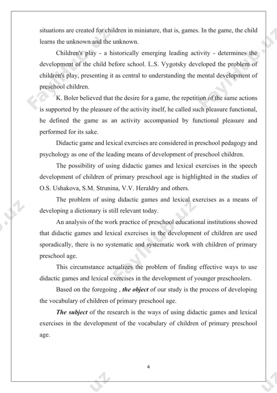 the following research objectives : 1. to study the state of the problem of using didactic games and lexical exercises in the development of the vocabulary of children of primary preschool age. 2. theoretically substantiate the ways of using didactic games and lexical exercises in the development of the vocabulary of children of primary preschool age. 3. to experimentally test the ways of using didactic games and lexical exercises in the work on the development of the vocabulary of children of primary preschool age. to solve the tasks set, a set of methods was used: a theoretical analysis of psychological, pedagogical, methodological literature, a pedagogical experiment. the study was conducted on the basis of mdou ds no. 9 of the city of chelyabinsk. the experiment involved 24 pupils of primary preschool age. the experimental work included three stages. at the first stage (stating) the problem was studied, a hypothesis was …