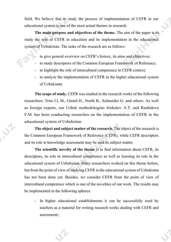 bek methodologists iriskulov a.t. and rashidova f.m. has been conducting researches on the implementation of cefr in the educational system of uzbekistan. the object and subject matter of the research. the object of the research is the common european framework of reference (cefr), while cefr descriptors and its role in knowledge assessment may be said its subject matter. the scientific novelty of the theme is to find information about cefr, its descriptors, its role in intercultural competence as well as learning its role in the educational system of uzbekistan. many researchers worked on this theme before, but from the point of view of studying cefr in the educational system of uzbekistan has not been done yet. besides, we consider cefr from the point of view of intercultural competence which is one of the novelties of our work. the results may be implemented in the following spheres: · in higher educational …