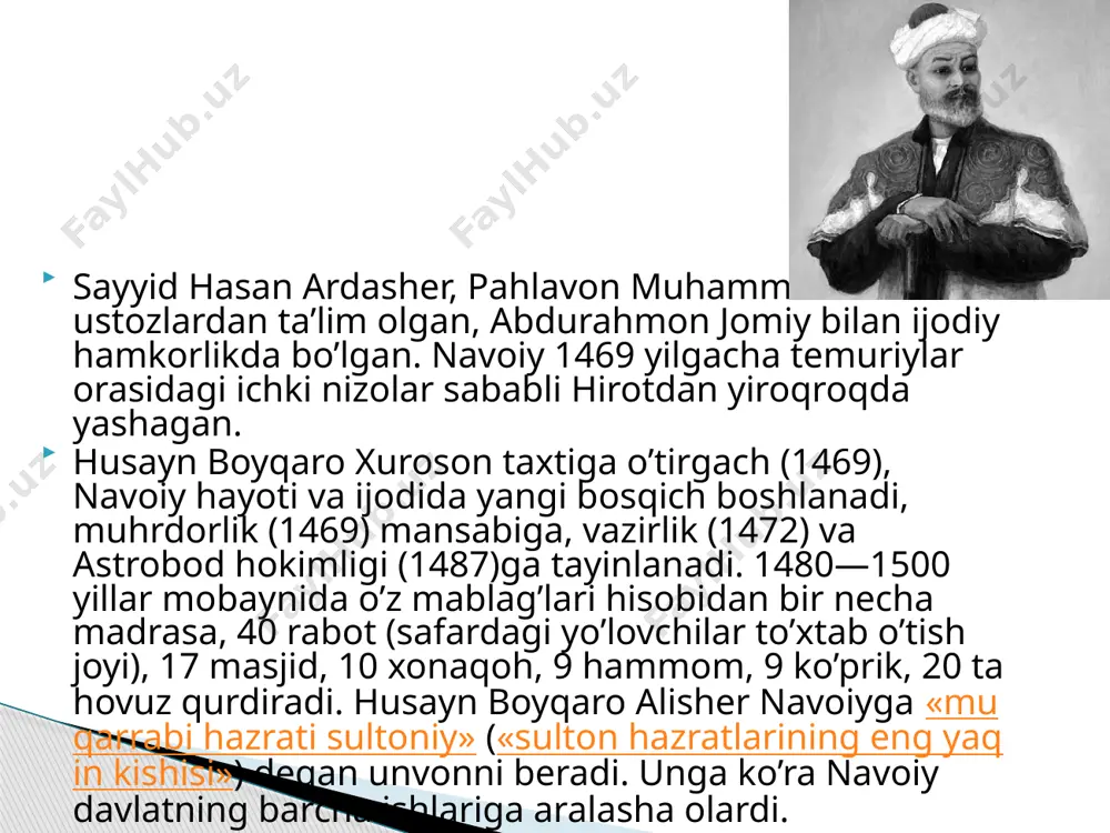 hunar, axloq, adl, insof, mantiq, taqvo yo’lida ulusdan o’ta olmaganini anglatish bilan o’zining adolatli shoh haqidagi qarashlarini anglatadi. «farhod va shirin»da qahramonlar sevgi sarguzashtlari orqali insonning tarix va kelajak oldidagi vazifasini belgilaydi, insonlik faqat muhabbatda emas, balki o’sha sharafli nomning himoyasi orqali ekanini uqdiradi. sharq tarixidagi xusrav va shirin voqeasini badiiy jihatdan qayta ishlab, farhod orqali o’zining komil inson haqidagi qarashlarini ifoda qilgan. navoiy dostoni orqali firdavsiy, nizomiy, dehlaviy an’analari yangilangan bo’lsa, undan keyin bu syujet turk mumtoz adabiyotining o’zak muammolarini hal etishda asosiy o’rin tutdi va bu yo’nalishda ahmad rizvon, jaliliy, harimiy, bafqiy, urfi sheroziy, lamiiy, nizoriy v.b. dostonlari yaratildi. «layli va majnun» dostonida arab ertaklari orqali ma’lum syujet o’zining tugal shaklini topdi, unda ishq falsafasi betakror uslubda ifoda qilindi. keyinroq yaratilajak fuzuliy, andalib, sayqaliy dostonlari uchun ma’naviy zamin bo’ldi. «xamsa» tarkibidagi «sab’ai sayyor» va «saddi iskandariy»da shohlik bilan bog’liq masalalarni birinchi o’ringa olib chiqdi. bu dostonlar xamsanavislik an’anasida …