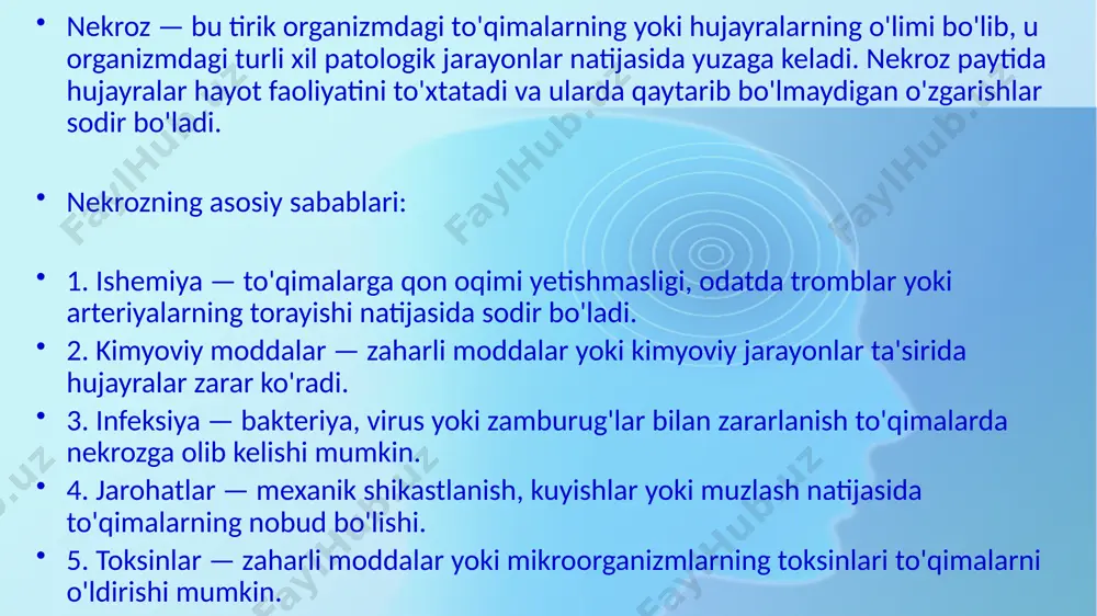 ormal rivojlanishi, to'qimalarni yangilash va zararlangan hujayralarni yo'q qilish uchun zarur bo'lgan tabiiy jarayon hisoblanadi. apoptoz bilan nekroz o'rtasidagi asosiy farq shundaki, apoptoz tartiblangan va hujayralarning o'limi organizmga zarar yetkazmasdan, ehtiyotkorlik bilan amalga oshiriladi. apoptozning asosiy xususiyatlari: 1. genetik nazorat ostida bo'lishi — apoptoz genetik dasturga muvofiq amalga oshadi va hujayra ichida maxsus signallar orqali boshlanadi. 2. hujayra qisqarishi va parchalanishi — apoptoz jarayonida hujayra o'z hajmini kichraytiradi va uning tarkibi kichik qismlarga bo'linib, apoptoz tanachalari hosil bo'ladi. 3. inflammatsiyaning yo'qligi — apoptoz nekrozdan farqli ravishda to'qimalarda yallig'lanish jarayonlarini keltirib chiqarmaydi. 4. fagotsitlar tomonidan hujayra qoldiqlarini yo'q qilish — apoptoz natijasida hosil bo'lgan tanachalar fagotsitlar tomonidan "tozalanadi", shuning uchun organizmga zarar yetkazmaydi. apoptozning ahamiyati: - rivojlanish — embrion rivojlanishida ortiqcha yoki noto'g'ri joylashgan hujayralarni yo'q qilishga yordam beradi. - immunitet — viruslar yoki zararli omillar ta'sirida buzilgan yoki qarigan hujayralarni yo'q qilish orqali organizm himoyasini ta'minlaydi. - saraton profilaktikasi — …
