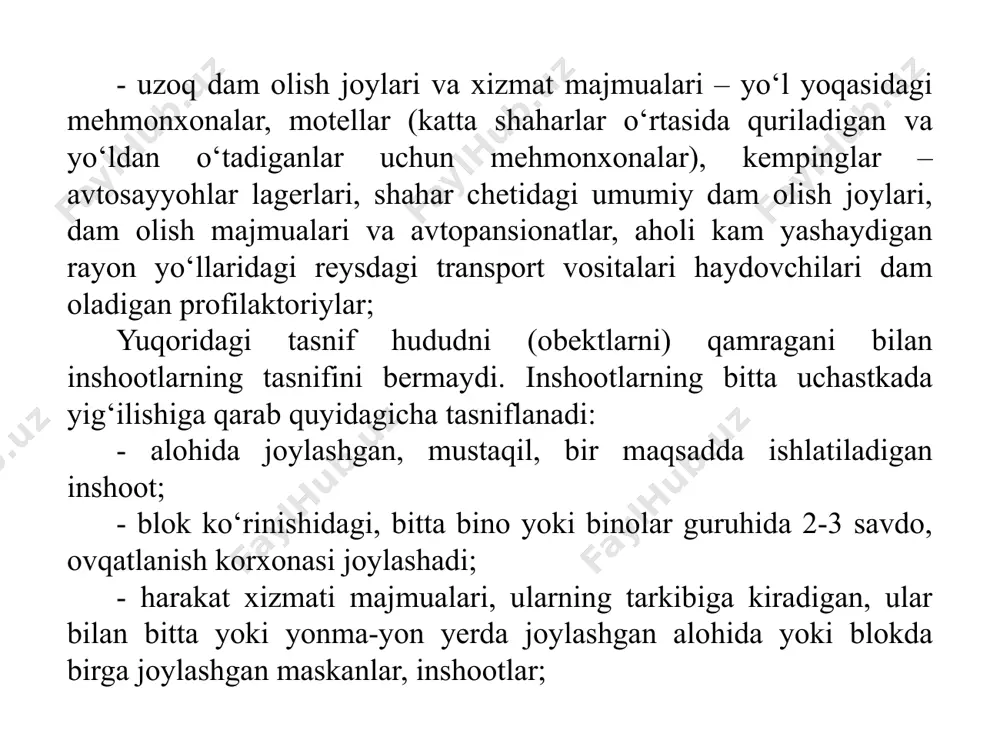 zliklarini bartaraf qiladi. yaxshi tashkil qilingan texnik xizmat yo‘l harakati xavfsizligini oshiradi, yth og‘irligini kamaytiradi, avtomobil transporti ishi samaradorligini ko‘paytiradi. transport vositalariga xizmat qiladigan inshootlar sirasiga shuningdek texnik yordam punktlari (typ). umuman olganda esa yo‘lovchilar, haydovchilar va transport vositalariga xizmat qiladigan komplekslar va alohida inshootlar servis xizmatiga kiradi. bundan tashqari yo‘l yoqasida avtomobil yo‘llariga xizmat qiladigan, ularni ta’mirlaydigan yo‘l xizmati inshootlari ham joylashadi. yo‘l xizmati inshootlari yo‘l boshqaruvi binosi, yo‘ldan foydalanish xizmati, ishlab chiqarish bazasi, texnologik aloqa vositalari, ko‘prik va o‘tkazgichlarga xizmat qilish punktlari, ishchi va xizmatchilarning uylaridan iborat bo‘ladi. avtotransport xizmati avtomobilda yuk tashish ishlariga xizmat qiladi. buning uchun yuk avtomobillari uchun vositalar, transport-ekspeditsiya korxonalari bo‘g‘inlari, avtovokzallar, dispetcherlik nazorat punktlari va hk. ko‘zda tutilgan bo‘ladi. dyhxb xizmati uchun yo‘l harakatini nazorat qilish inshooti ko‘zda tutiladi. 3.avtomobil yo‘llariga xizmat qilish komplekslarining tasnifi va joylashishi harakat xizmati kompleksi deganda harakat ishtirokchilariga turli xizmatlarni taklif etadigan korxonalar joylashgan inshootlar majmui tushuniladi. turli …