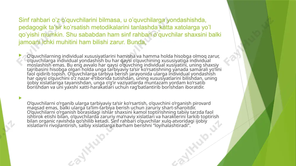 ishdagi dastlabki ishi va to’playdigan ma’lumotlari shulardan iborat. shuningdek, sinf rahbari bilishi kerak, o’quvchining ota-onasi qayerda, kim bo’lib ishlaydi, oilaning tarkibi uning madaniy darajasi qanday, oiladagi o’zaro munosabatlar, oilada bolaga yordam berishning o’ziga xosligi, bolaning uydagi kun tartibi va maishiy ahvoli, bolaning uy va jamoat ishlarida ishtiroki, uni maktabdan tashqaridagi do’stlari va tanishlari, o’quvchi ta’tilda qayerda bo’lishi, bolaning hayotidagi eng muhim voqea-hodisalar, o’quvchi salomatliging ahvoli bu xodimlarning ma’lumotiga ko’ra. o’quvchilar jamoasi mustaqil tashkilotdir, ammo u pedagogik rahbarlikka muhtoj. o’quvchilarni o’z holiga tashlab qo’yish ham, ayni vaqtda bolalar jamoasiga nisbatan ma’muriyatchilik ham, buyruqbozlik yo’liga o’tib olish ham mumkin emas. birinchi holda, sinf rahbari bu ishlardan umuman chetlashib, o’quvchilar bilan aloqaning susayishiga yo’l qo’ysa, ikkinchi holda u tazyiq yo’liga o’tib, o’quvchilar mustaqilligini yo’qqa chiqaradi. sinf rahbarining bosh vzaifasi, bolalar jamoasini faoliyatini mohirlik bilan boshqarish, o’quvchilar tashabbuskorligini o’stirish, sinf jamoasi faolligi va mustaqilligini tarkib toptirishdan iborat. jamoa va jamoada tarbiyalash- tarbiya tizimida muhim …