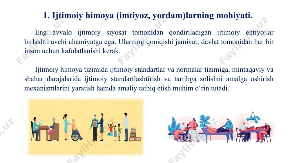 h darajasidan past bo‘lmagan, ammo og‘ir hayotiy vaziyat tufayli qo‘shimcha yordamga muhtoj bo‘lganlarga (oilalarga) yordam ko‘rsatish choralarini ham o‘z ichiga oladi. 2. ijtimoiy himoya modellari. ijtimoiy himoyaning iqtisodiy modeli – bu ma’lum bir mamlakatda uning dasturlarini tashkil etish va faoliyat yuritishning belgilangan tamoyillaridir. bugungi kunda to‘rtta ijtimoiy himoyaning iqtisodiy modellari ustunlik qiladi: kontinental (yoki bismark). anglo-sakson (yoki beveridj). skandinaviya. janubiy yevropa. kontinental (bismark) modeli - ijtimoiy himoya darajasi va kasbiy faoliyat davomiyligi o‘rtasida qattiq bog‘liqlik o‘rnatadi. u ijtimoiy sug‘urtaga asoslanadi, uning xizmatlari asosan ish beruvchilar va sug‘urtalanganlarning badallari hisobidan moliyalashtiriladi. ushbu model professional birdamlik tamoyiliga asoslangan bo‘lib, u teng huquqli asosda ishchilar va tadbirkorlar tomonidan boshqariladigan sug‘urta fondlarining mavjudligini ta’minlaydi. ular sug‘urta to‘lovlari amalga oshiriladigan ish haqidan ijtimoiy ajratmalar to‘playdi. bunday tizimlarni moliyalashtirish, qoida tariqasida, davlat byudjetidan amalga oshirilmaydi, chunki byudjetning universalligi printsipi bunday ijtimoiy himoya modeliga qarama-qarshi hisoblanadi. biroq, evropada ijtimoiy dasturlarning keng tarmog‘iga ega bo‘lgan ijtimoiy davlat mavjud …