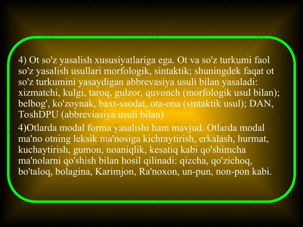 chasini qo'shish bilan anglata oladi: uylar, shaharlar, talabalar, eshiklar kabi. mavhum otlar predmet sifatida tasavvur qilinadigan noaniq, mavhum, tushunchani ifodalaydi: yaxshilik, baxt, sog'inch, ёg'ingarchilik va boshqalar. mavhum otlar donalab sanalmaydi va -lar qo'shimchasi vositasida ko'plik ma'nosi ifodalamaydi. turdosh otlar shuningdek, birlik shaklda yakka bir predmetni ifoda etadi. turdosh otlar shu xususiyatga ko'ra yakka va jamlovchi otlarga bo'linadi. yakka otlar birlik shakldagi predmetlardan bittasini yakkalab, ajratib ko'rsatadi: stol, kitob, qalam, uy chamadon. grammatik jihatdan -lar ko'plik qo'shimchasini olib, ko'plik ma'nosini ifoda eta oladi. jamlovchi otlar birlik shakldagi bir xil predmet otlarning to'dasini, jamini anglatadi: xalq, armiya, gala, to'da, poda, ozchilik, ko'pchilik. demak, jamlovchi otlar grammatik jihatdan birlik shaklda bo'lsa ham, ma'no jihatdan ko'plikni ifodalaydi. adabiyotlar ro'yxati i.a.karimov. barkamol avlod-o'zbekiston taraqqiyotining poydevori. toshkent, 1997 yil u.tursunov, n.muxtorov, sh.rahmatullayev. «hozirgi o'zbek adabiy tili» 1992 yil a.abduazizov. «o'zbek tili fonologiyasi va morfologiyasi» toshkent, 1992 yil s.rahimov, b.umurqulov, «hozirgi o'zbek-adabiy tili» toshkent, 2001 y s.rahimov, …