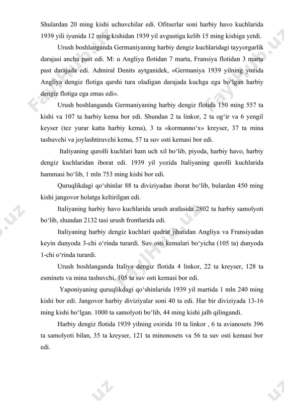 arida 1939 yil martida 1 mln 240 ming kishi bor edi. jangovor harbiy diviziyalar soni 40 ta edi. har bir diviziyada 13-16 ming kishi bo‘lgan. 1000 ta samolyoti bo‘lib, 44 ming kishi jalb qilingandi. harbiy dengiz flotida 1939 yilning oxirida 10 ta linkor , 6 ta avianosets 396 ta samolyoti bilan, 35 ta kreyser, 121 ta minonosets va 56 ta suv osti kemasi bor edi. 2. fashizmga qarshi blokdagi davlatlarning harbiy kuchlar nisbati 1939 yilning mart-may oylarida so‘ngra avgust oyida angliya va fransiyaning harbiy bosh shtablari agar yevropada urush bo‘lib qolsa birgalashib harakat qilish to‘g‘risida kelishib oldilar. unda angliya va fransiyaning qurolli kuchlari urush bo‘lib qolgan taqdirda bir qo‘mondonlik ostida harbiy harakatlarni va operatsiyalarni birgalikda olib boradilar deyilgandi. kelishuvga muvofiq angliya qo‘mondonligi harbiy dengiz flotida va aviatsiya qo‘shinlarida dastlabki kundan boshlab faollik ko‘rsatadi, hamda fransiyaga 4 ta piyoda diviziyasini yuboradi deyilgandi. fransiya esa quruqlikdagi qo‘shinlarning asosiy qismini (100 ta diviziya) …