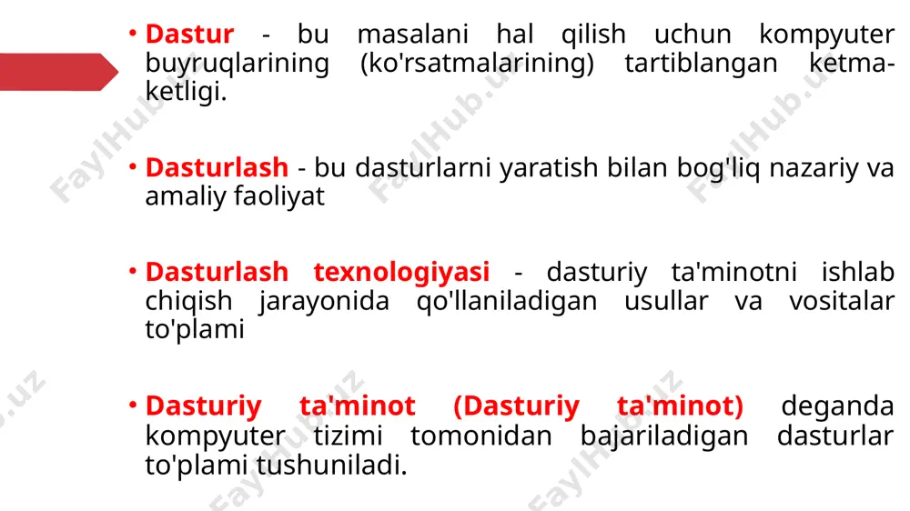 zida bitta bayonot). . bular barcha kompyuter foydalanuvchilari uchun mo'ljallangan umumiy foydalanish dasturlari. tizim dasturlari amaliy dasturlar bilan birgalikda bajariladi va kompyuter resurslarini boshqarish uchun xizmat qiladi - markaziy protsessor, xotira, kirish-chiqish. tizimli dasturiy ta'minot kompyuterning amaliy dasturlarni samarali ishlashini ta'minlash uchun mo'ljallangan. 18 kompyuter qurilmalarining to'g'ri ishlashini tekshirish va ish paytida nosozliklarni aniqlash uchun foydalaniladigan nazorat, sinov va diagnostika dasturlari ; nosozlik sababini va joyini ko'rsating; bios ( asosiy kirish-chiqish tizimi) tizim dasturlariga quyidagilar kiradi : tizim dasturlariga quyidagilar kiradi : operatsion tizimning kiritish-chiqarish qurilmalari, operativ xotira va boshqalarni boshqarish imkoniyatlarini kengaytiruvchi dasturlari. drayvlar yordamida kompyuterga yangi qurilmalarni ulash yoki mavjudlaridan nostandart foydalanish mumkin; tizim dasturlariga quyidagilar kiradi: - utilitlar(lot. utilitas - foyda). ular operatsion tizimning tegishli imkoniyatlarini kengaytiradi va to'ldiradi yoki mustaqil muhim vazifalarni hal qiladi. pakerlar (arxivchilar), kompyuter viruslari bilan infektsiyani oldini olish va virus infektsiyasining oqibatlarini bartaraf etish uchun mo'ljallangan antivirus dasturlari 19.07.2023 22 tizim dasturlariga …