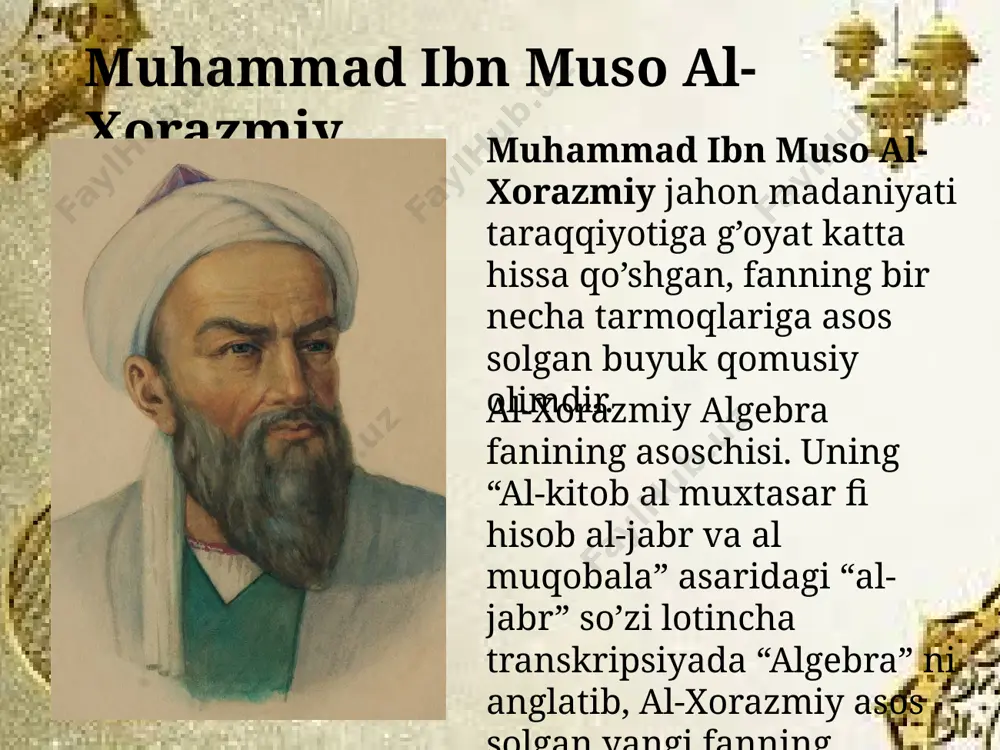 z (akademiya) bilan bog'liq bo'iib, hozirgi kunda uning 8 asari bizga ma'lum fanga abadiy kirdi. buyuk faylasuf, qomusiy olim abu nasr ai-farobiy (873-950-yillar) sirdaryoqirg'og'idagi farob degan joyda tug'ilib, farob, toshkent, buxoro va samar-qandda o'qidi. keyinroq bag'dod va damashqda yashab o'z ma'lumotini oshirib, umrim ilmga baxshida etdi. u fanning barcha sohalarini qamragan 160 dan ortiq asarlar yozgan va ayrim ma'lumotlarga ko'ra 70 dan ortiq tilni bilgan. al-xorazmiy al-farobiy barcha ilmlar rivojiga katta hissa qo'sh-ganligi, xususan, yunon falsafasini sharhlab, dunyoga tanishtirganligi iichun sharq mamlakatlarida "ikkinchi aristotei" deb ulug'langan. o'rta asrning buyuk qomusiy olimi abu rayhon beruniy (973-1048-yillar) xorazmning qadimgi poytaxti kot shahrida tug'ildi. uning ilmiy merosi turli fan sohalariga doir 150 dan ortiq asardan iborat bo'hb, ulardan faqat 30 tasi bizgacha yetib keigan. beruniy fanning turli sohalarida yangi fikrlar va kashfiyotlarni olg'a suradiki, bu kashfiyotlar o'rta asr sharqida uzoq vaqtgacha fan taraqqiyotini belgilab berganligidan g'oyat katta ahamiyatga ega bo'ldi. algebra' so'zini qayerdan …