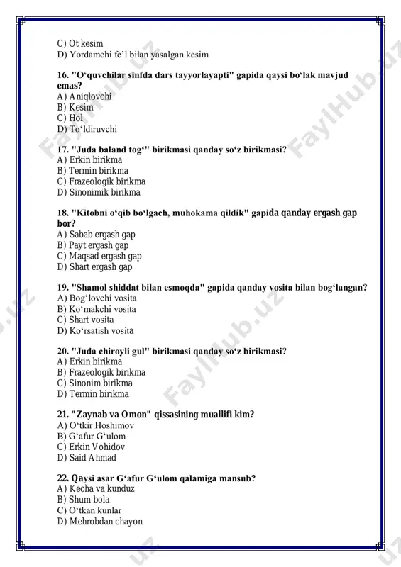 jud? a) to‘g‘ridan-to‘g‘ri to‘ldiruvchi b) kosviy to‘ldiruvchi c) ergash gap d) belgilovchi to‘ldiruvchi 6. "tez yuguruvchi bola" gapida qanday aniqlovchi bor? a) belgilovchi aniqlovchi b) izohlovchi aniqlovchi c) sifat aniqlovchi d) sanoq aniqlovchi 7. "siz kitob o‘qishni yaxshi ko‘rasizmi?" gapida qanday gap mavjud? a) so‘roq gap b) buyruq gap c) undov gap d) oddiy gap 8. "daryo shiddat bilan oqmoqda" gapida qanday vosita bilan bog‘langan? a) ko‘makchi vosita b) bog‘lovchi vosita c) shart vosita d) ko‘rsatish vosita 9. "ulkan tog‘" birikmasi qanday so‘z birikmasi? a) frazeologik birikma b) sinonim birikma c) erkin birikma d) termin birikma 10. "yoz keldi, bog‘lar yashnadi" gapida qanday gap mavjud? a) sodda gap b) ergash gap c) kesimiy gap d) qo‘shma gap 11. "kechqurun sayr qilish foydali" gapida qanday bo‘lak mavjud emas? a) aniqlovchi b) to‘ldiruvchi c) hol d) kesim 12. "o‘quvchilar imtihonga tayyorlanmoqda" gapida qanday nisbat qo‘llangan? a) o‘rtoqlik nisbat b) o‘zlik nisbat c) …