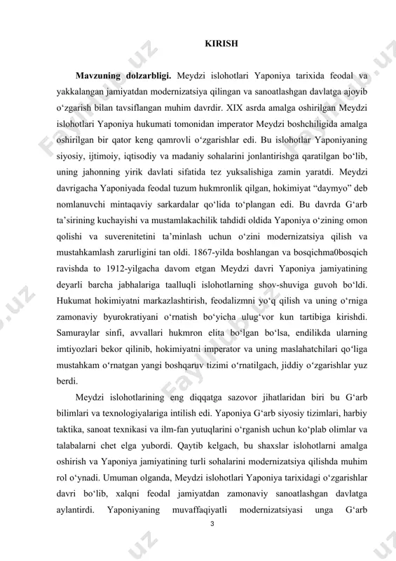 miyatining turli sohalarini modernizatsiya qilishda muhim rol o‘ynadi. umuman olganda, meydzi islohotlari yaponiya tarixidagi o‘zgarishlar davri bo‘lib, xalqni feodal jamiyatdan zamonaviy sanoatlashgan davlatga aylantirdi. yaponiyaning muvaffaqiyatli modernizatsiyasi unga g‘arb hukmronligiga qarshi kurash olib boradigan va jahon miqyosida muhim o‘yinchiga aylangan yirik global kuchga aylanish imkonini berdi. “xix asr oxirida yaponiyada ijtimoiy va davlat tizimidagi o‘zgarishlar” nomli asar yaponiya davlati va huquqining rivojlanish tarixini o‘rganishda alohida qiziqish uyg‘otadi. o‘sha paytda yaponiyada sodir bo‘lgan voqealar ko‘p jihatdan zamonaviy yaponiyaning shakllanishiga xizmat qildi. xix asr oxirida yaponiyada ijtimoiy-siyosiy tizimdagi o‘zgarishlar yaponiyaning ijtimoiy hayotning barcha sohalarida jadal rivojlanishining, uning iqtisodiy, siyosiy, ijtimoiy va madaniy tomonlardan rivojlanishining asosiy sababi ekanligi bilan bog‘liq edi. imperator meydzi (1852–1912), yana shuningdek buyuk meydzi yoki muqaddas imperator meydzi kabi nomlari bilan mashhur boʻlib, anʼanaviy vorislik tartibiga koʻra yaponiyaning 122-imperatori boʻlgan. u 1867-yil 3-fevraldan to vafotiga qadar yaponiya imperiyasiga birinchi monarxi boʻib, oʻz ismi bilan ataluvchi “meydzi erasi” davrida mamlakatni …