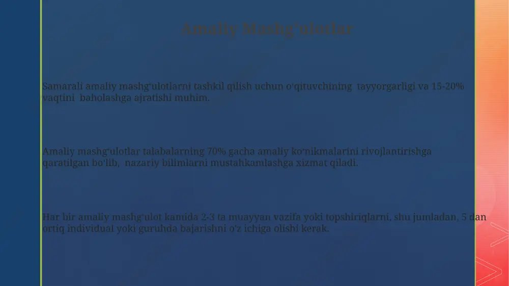 kil topgan kichik guruhlarda ishlash ko’nikmalarini rivojlantiradi. ta’limda samarali natijalarga erishish uchun kamida 3 ta turli o’quv uslubini (masalan, interaktiv, muammoli, loyihaviy) birlashtirish tavsiya etiladi, bu o’quv jarayonini 20-30% ga samaradorligini oshiradi. e'tiboringiz uchun rahmat @taqdimot_robot image2.png image3.png