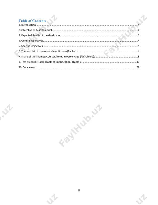 sed. keeping this in mind, the team has prepared this test blueprint document in order to help the test developers or content specialists in their process of valid and reliable test construction. the major points considered in the process of preparing this test blue print guideline were the core competencies that have been already identified for the themes of courses, the course contents, course credit hours, and the learning outcomes with their corresponding levels of achievement by learning domains. in line with these, the number of test items that should adequately assess the performance of students in all the content topics will be determined through discussion with the content specialists who construct the blueprint and test for midwifery program. therefore, the main purpose of this test blueprint is to give direction on how to prepare items for content specialists so that they can develop a test blueprint for midwifery program. …