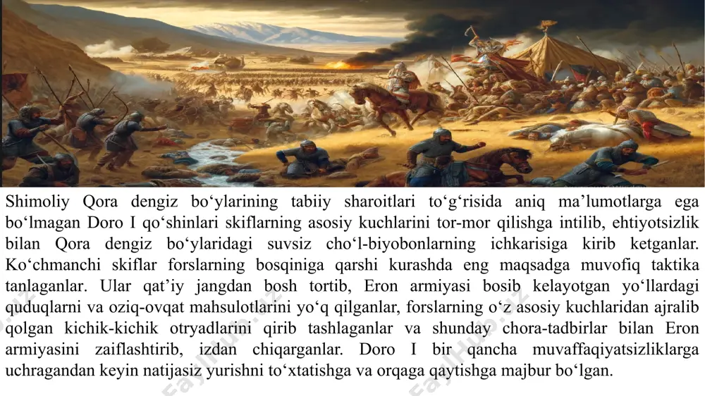 larni xonavayron qilib, egey dengizining frakiya sohili bo‘ylab harakat qilgan. harbiy-dengiz floti esa bo‘ylab borgan va yo‘l-yo‘lakay fasos orolini zabt etgan. frakiya va makedoniya qabilalari jon-jahdlari bilan o‘zlarini mudofaa qilganlar va xalkida yarim oroliga yetib kelganlar. eron qo‘shinining harakatlari yuzasidan cho‘chigan va shimoliy akte burni (hozirgi afon) yaqinida dengizda halokatga uchragan. bu yerda ko‘pgina kemalar qirqilib ketgan. natijada mardoniy gretsiyaga yetmasdan, o‘zining dengizdagi va quruqlikdagi qolgan-qutgan qo‘shilari bilan chekinishini majbur bo‘lgan. eronning hukmron doiralarining fikricha, (kutilmagan tabiiy ofat oqibatida to‘xtab qolgan) harbiy namoyish yunon polislarini dahshatga solishi lozim edi va haqiqatan ham dahshatga solgan. doro i mardoniy chekingandan keyin gretsiyaga elchilar yuborgan va forslarga yer va suv berishni, ya’ni eron davlatining o‘z ustlaridan hukmronligini tan olishni talab etgan. ko‘pchilik yunon shahar-davlatlari bu talabni bajarganlar va forslarga rasman bo‘ysunganlar. fessaliya va beotiyaning ayrim polislarida mahalliy aristokratiya hatto hukmronligini saqlab qolish uchun eron yordamiga umid ham bog‘lagan. o‘sha vaqtda eng kuchli bo‘lgan …