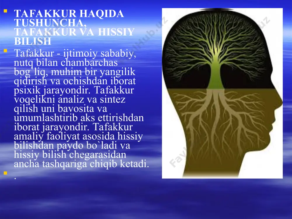 dorodning kimyoviy birikishi natijasida suv hosil bo’ladi. mana shu va shunga o’xshash hollarning hammasida sintez fikr qilish jarayonlarida va ish-harakatlarda sodir bo’ladiki, bu ish-harakatlar natijasida bir butun, yaxlit moddiy narsa hosil bo’ladi. abstraksiya- shunday bir fikrlash jarayonidirki, bunda tafakkurda aks etilayotgan bir yoki bir nechta obektlarning biror belgisi(xususiyati, harakati, holati,munosabati) shu obyekt yoki obyektlardan fikran ajratib olinadi. bu jarayonda obyektdan ajratilgan bir belgining o’zi tafakkurning mustaqil obyekti bo;lib qoladi. abstraksiya, odatda, analiz jarayonida yoki analiz natijasida sodir bo’ladi.
