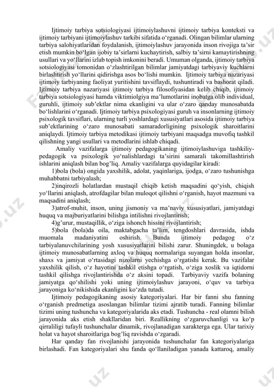 zifalariga mos ravishda o‘rganadi. shu bilan birga o‘z rivojlanishida umumiy pedagogikadan ajralib chiqib, u kompleks xarakterga ega bo‘ldi. hozirda uning nazariy va amaliy faoliyati sohasiga maktabgacha ta’lim va maktabgacha ta’limdan tashqari tashkilotlarda tarbiya va qayta tarbiya, “mehribonlik uylari”, qariyalar uylarida yashovchilarga gʼamxo‘rlik, huquqbuzarlar bilan ishlash va boshqalar kiradi. ijtimoiy pedagogikaning kompleks xarakteri uning boshqa fanlar bilan munosabatida namoyon bo‘ladi. falsafa va ijtimoiy pedagogika. falsafa inson borligʼi haqidagi masalalarini o‘rtaga qo‘yadi va ularga javob topishga harakat qilib, dunyoqarashning umumlashgan tizimini ishlab chiqadi. ijtimoiy pedagogikaning “ ijtimoiy tarbiya falsafasi” bo‘limi inson va uning tarbiyasiga muayan qarashlardan kelib chiqadi. bu qarashlarda har doim u yoki bu falsafiy asoslarni uchratsak bo‘ladi. etika va ijtimoiy pedagogika. etika axloqiy tasavvur va qarashlar rivojlanishining umumiy qonuniyatlarini, shuningdek, u tartibga solayotgan axloqiy ong shakllarini va ularning axloqiy faoliyatini tahlil etadi. ijtimoiy pedagogika etika shakllantirgan tamoyillardan foydalanadi, tarbiya usullari va maqsadlarini ishlab chiqadi. sotsiologiya va ijtimoiy pedagogika. sotsiologiya – …
