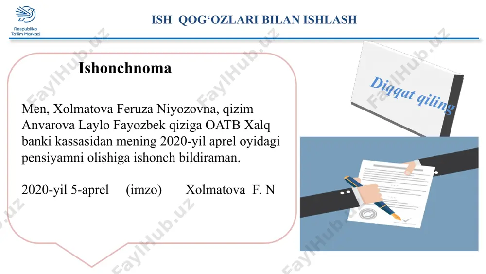 beruvchi shaxs imzosidan tashqari ushbu imzoni tasdiqlovchi shaxs imzosi ham bo‘ladi. 9. hujjatlarda sanalar arab raqami bilan yoziladi. bunda ruscha shaklda – 15.11.04; 02.08.04 tarzda emas, balki quyidagi o‘zbekcha gap tuzilishidan 7 kelib chiqqan shaklda berish kerak: 1991.04.09; 2004.04.09. bunda dastlabki to‘rt raqam yilni, keyingilari kun va oyni bildiradi. topshiriqlar: 1-topshiriq. quyida berilgan qoliplashgan so‘z birikmalari asosida rasmiy uslubga xos gaplar tuzing: «shunga ko‘ra», «munosabati bilan», «...ganligi sababli», «...ishi uchun», «oqibatida», «...masligi tufayli», «shu maqsadda», «guvohlik berishicha», «tekshiruv natijasiga binoan». 2-topshiriq. ish qog‘ozlarining qanday yozilishini yod oling. 2-mavzu. h u j j a t v a u n i n g t u r l a r i o‘rta osiyo hududidan topilgan qadimgi madaniy obidalar, turli moddiy jismlarga bitilgan ma’lumotnomalar ajdodlarimizning qadimdan o‘ziga xos hujjatchilik an’analariga rioya qilganliklaridan dalolat beradi. o‘rta asrlarda ish yuritish huquqiy maqomga ega bo‘ldi, davlat mahkamasida munshaot tizimi shakllandi va qator hujjat turlari paydo bo‘ldi. o‘zbek …