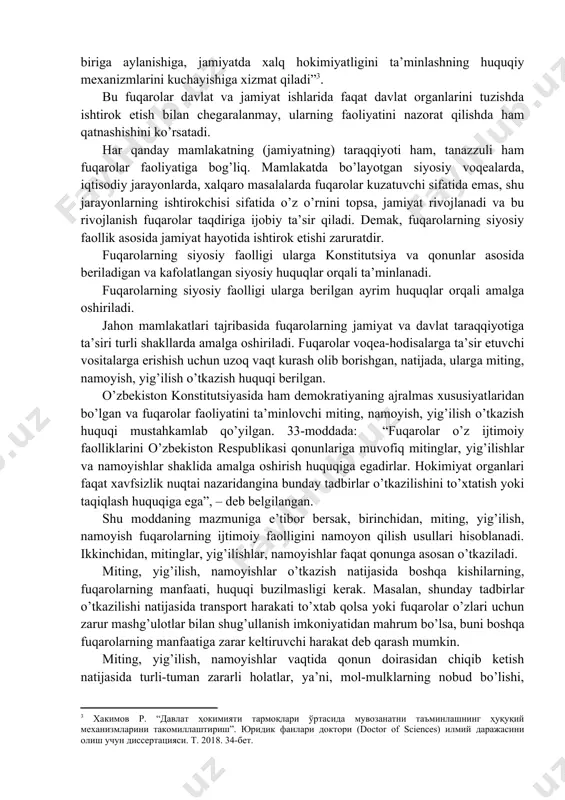 gi qonuni 2001 yil 30 avgustda yangi tahrirda qabul qilingan bo’lib, unga asosan, referendum xalq irodasining bevosita ifodasi hisoblandi. mamlakatimizda fuqarolarning davlat va jamiyat ishlaridagi ishtiroki huquqini ta’minlovchi vositalardan biri o’zini o’zi boshqarish faoliyati hisoblanadi. o’zini o’zi boshqarish organlari butun mamlakat hududida qishloq, shaharcha va shahardagi mahallalarda tuziladigan fuqarolar yig’ini bo’lib, ular barcha 18 yoshga etgan fuqarolarni qamrab oladi. fuqarolar fuqarolar yig’ini ishida ishtirok etib, uning organlarini tuzishda qatnashadi va shu asosda jamiyat ishlarida ishtirok etadi. mamlakatimizda fuqarolik jamiyati shakllanib borishi bilan fuqarolarning jamiyat va davlat ishlarida ishtirok etish yo’llari kengayib bormoqda. 2010 yil 12 noyabrda prezident tomonidan ilgari surilgan konsepsiyada davlat hokimiyati va boshqaruv organlari tomonidan qonun hujjatlarining ijro etilishi ustidan jamoatchilik nazoratini kuchaytirish, shu maqsadda “o’zbekiston respublikasida jamoatchilik nazorati to’g’risida” qonun qabul qilish zarurligi aytib o’tildi[footnoteref:2]. [2: каримов и.а. мамлакатимизда демократик ислоҳотларни янада чуқурлаштириш ва фуқаролик жамиятини ривожлантириш концепцияси. – т.: ўзбекистон, 2010. 46-бет.] davlat organlari faoliyati ustidan …
