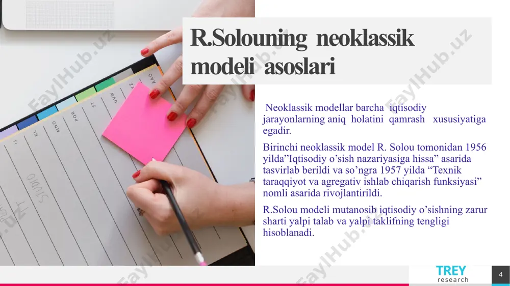 sish sur’ati; l- mehnatning o’rtacha yillik o’sish sur’ati; α- milliy daromadda kapitalning ulushi; β- milliy daromadda mehnatning ulushi; r- texnik taraqqiyot sur’ati. trey research 11 ? tenglama, milliy daromadning o’sish sur’ati milliy daromadda ega bo’lgan ulushi bo’yicha mehnat va kapital o’sish sur’atlarining yig’indisiga texnik taraqqiyot sur’ati qo’shilishidan paydo bo’lgan miqdorga teng bo’lishini ko’rsatadi.. mehnat va texnik taraqqiyot o’sish sur’atlarini doimiy deb taxmin qilib j. mid quyidagi xulosaga keldi; iqtisodiy o’sishning barqaror sur’ati kapital o’sishning barqaror sur’atlari va uning milliy daromad o’sish sur’atlari bilan tengligi sharoitida erishiladi. agar kapitalning o’sish sur’atlari milliy daromadning o’sish sur’atlaridan oshsa, unda bu jamg’arish sur’atlarining o’z-o’zidan pasayishiga olib keladi. 12 how to customize this template mehnat unumdorligi o’sish sur’atlarining dinamik muvozanatga ta’sirini ko’rib chiqib j. mid agar ular kapital jamg’arish sur’atidan oshsa unda chekli mehnat unumdorligining pasayishi natijasida mehnatning kapital bilan almashtirilishi hosil bo’ladi degan xulosaga keldi. trey research 12 dobavit nijniy kolontitul 13 e`tiboringiz uchun …