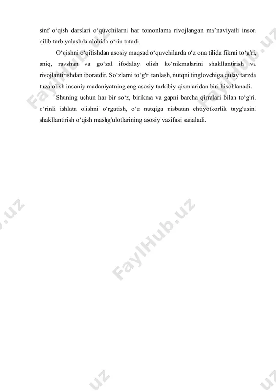 iqlash vazifasini amalga oshirishga xizmat qiladi. sinfdan tashqari o‘qish darslarning asosiy vazifasi o‘quvchida badiiy kitoblarni o‘qishga havas uyg‘otish, o‘qigan kitoblari yuzasidan kundalik yurita olishga o‘rgatish, bolalar adabiyotining mashhur adiblari hayoti va ijodi bilan elementar tarzda tanishtirish hisoblanadi. bolalarda ezgulikka muhabbat, yovuzlikka nafrat uyg‘otish, ularning bog‘lanishli nutqini o‘stirish, adabiy-estetik tafakkurini yuksaltirish sinfdan tashqari o‘qish darslarining ham tub mohiyatini tashkil etadi. sinfdan tashqari o‘qitish sinfda o‘qish bilan uzviy bog‘liq ravishda uyushtiriladi. sinfda o‘qish sinfdan tashqari o‘qitish uchun zarur bo‘lgan o‘qish malakalarini shakllantiradi, o‘qigan asarni tushunishga o‘rgatadi, lug‘atni boyitadi. sinfdan tashqari o‘qitish qiziqarli va o‘ziga jalb etadigan faoliyat bo‘lib, bolalarning bilim doirasini boyitadi, qiyoslash uchun material beradi. sinfda o‘qish − hayotga tayyorlash vositasi, sinfdan tashqari o‘qish esa hayotning o‘zidir. sinfdan tashqari o‘qitish darslarining muhim vazifalaridan biri mustaqil o ‘qish malakalarini tarbiyalash hisoblanadi. buning uchun mustaqil bajarish uchun topshiriqlar berish, qiziqarli mashq ttnrlaridan foydalanish, eng yaxshi insholarni, taqrizlarni, yozuvchi haqida to‘plangan ma’lumotlarni o‘qitish, „tez …