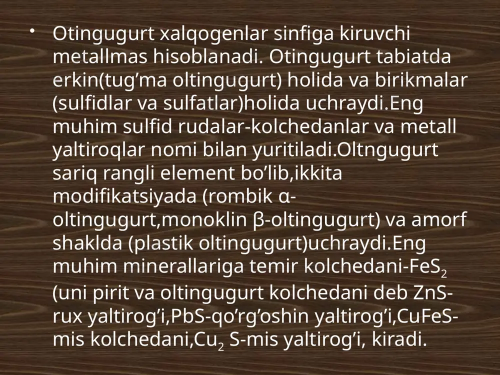 adi.yuqori temperaturada vodorod bilan oltingugurtni biriktirib ham h2s ni sintez qilish mumkin.vodorod sulfid-rangsiz,termik beqaror,juda zaharli gaz.uning hidi xuddi palag’da tuxum hidiga o’xshaydi.muzlashi-83.6o c.suyuq holatda amalda elektr tokini o’tkazmaydi.sovuq suvda yaxshi eriydi.h2s ga ingibitor sifatida saxaroza ishlatiladi. olinishi:labaratoriyada olish uchun metall sulfidlariga hcl yoki h2so4 ning suyultirilgan eritmalari tasir ettirib olinadi. fes+2hcl =fecl2+h2s oltingugurtga hi tasirida olish mumkin. s+hi=i2 +h2s kimyoviy xossalari: 1. h2s = h2 + s (400 – 1700 °с). 2. 8h2s∙46h2o(қ)(клатрат) = 8h2s + 46h2o (t > 0 °с). 3. h2s + h2o f hs– + h3o+; pkk = 6,98, hs– + h2o f s2– + h3o+; pkk = 12,91. 4. h2s + h2so4(конц.) = s↓ + so2↑ + 2h2o (20 °с), h2s + 3h2so4(конц.) = 4so2↑ + 4h2o (қайн.). 5. h2s(тўйинган) + 2hno3(конц., совуқ) = s↓ + 2no2↑ + 2h2o, h2s + 8hno3(конц.) = h2so4 + 8no2↑ + 4h2o (қайн.). 6. h2s + naoh(суюл.) = nahs + …