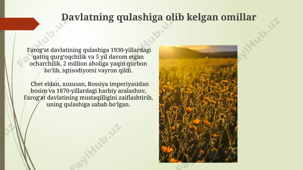 idan topilgan. farogʻat davlatining pul birligi, "tangalar" deb atalgan kumush tangalar bo'lib, ularning bir qismi samarqand yaqinidagi qazishmalar davomida topilgan va hozirgi kunda muzeylarda saqlanmoqda. tashqi siyosat farog'ot davlatining tashqi siyosati 2000-yillarda xitoy bilan strategik sheriklikni mustahkamlashga qaratildi, bu davrda ikki mamlakat o'rtasida 5 dan ortiq muhim investitsion loyihalar amalga oshirildi. farog'ot davlati tashqi siyosatining dastlabki 5 yilida 3 ta qo'shni davlat bilan diplomatik munosabatlar o'rnatildi, jumladan, 2 ta shartnoma imzolandi va 1 ta savdo kelishuvi muhokama qilindi. farogʻat davlatining paydo boʻlishiga sabablar moʻgʻullar istilosidan keyin, 13-asrning oxirida, amudaryoning oʻrta oqimida, turkistonning janubiy qismida yangi siyosiy tuzilmalar, shu jumladan farogʻat davlati, mahalliy qabilalar va qoldiq feodal kuchlarning birlashishi natijasida vujudga kelgan. farogʻat davlatining paydo boʻlishiga, markaziy osiyoda 14-asr boshlarida temuriylar davlatining kuchli bosimi va buxoro viloyatidagi yer egalari o'rtasidagi 3 ta yirik urugʻlarning o'zaro raqobati ham sabab bo'lgan. madaniy va maʼnaviy hayot фарғона вилоятидаги 10 та музейда жами 20000 дан …
