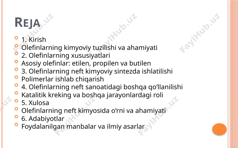 chiqarishda qo‘llaniladi. oliy oktanli yoqilg‘ilarni ishlab chiqarish: olefinlar nafaqat plastmassa va polimerlar uchun xom ashyo sifatida, balki yuqori sifatli yoqilg‘ilarni olishda ham ishlatiladi. etilen va propilen kabi olefinlar yuqori oktanli benzin va dizelni ishlab chiqarishda katalitik kreking jarayonida qatnashadi. fenol va boshqa aromatik birikmalarni ishlab chiqarish: olefinlar, masalan, propilen, fenol va boshqa aromatik kimyoviy birikmalarni olishda katalitik jarayonlar orqali ishlatiladi. fenol, o‘z navbatida, fenoplastlar, fenol-formaldigid qatlamlar va boshqa mahsulotlar ishlab chiqarishda ishlatiladi. benzin va dizelni qayta ishlash: olefinlar, ayniqsa, etilen, propilen va butilenlar, neftni qayta ishlashda yoqilg‘i ishlab chiqarish jarayonlarida ishlatiladi. bu birikmalar, yoqilg‘i sifatini yaxshilash va energiya samaradorligini oshirishga yordam beradi. xulosa olefinlar, neft kimyosida ulkan ahamiyatga ega bo‘lgan xom ashyo hisoblanadi. ular plastmassa va polimerlar ishlab chiqarishdan tortib, yuqori oktanli yoqilg‘ilar va boshqa kimyoviy birikmalarni olishgacha bo‘lgan turli jarayonlarda ishlatiladi. shuningdek, olefinlarning kimyoviy xususiyatlari ularni katalitik jarayonlarda muhim birikmalarga aylantirishga imkon beradi, bu esa sanoatning turli sohalarida samarali …