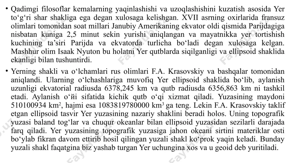 i tashkil etadi va gidrosferani ham o‘z ichiga oladi hamda unda organik hayot madjudligi bilan tavsiflanadi. yerning ichki sferalari. ichki geosferalarga yer qobig‘i (litosfera), mantiya va yadro kiradi (2-rasm ). yening eng yuqoridagi qobig‘i litosfera deb yuritiladi. uning tuzilishi kontinentlar va okeanlarda bir-biridan farq qiladi. kontinental yer qobig‘i katta qalinlikka ega bo‘lib, uchta qatlamdan tashkil topgan – cho‘kindi, granit-metamorfik va bazalt qatlami. okean tubidagi yer qobig‘i nisbatan kichik qalinlikka ega bo‘lib, ikkita: cho‘kindi qatlam va bazalt qatlamlardan tashkil topgan. bazalt qatlam butun yer sharining mantiya qismini qoplagan, granit qatlam esa faqat materiklar ostki qismida mavjud. ularning har birining o‘rtacha qalinligi 15-20 km ni tashkil etadi. 2 - rasm. yerning ichki tuzilishi (a) va yer qobig‘ining (b) sxemasi. zamonaviy tasavvurlarga ko‘ra yer qobig‘ining qalinligi 5-10 km dan 70 km gacha yetadi. yer qobig‘ining pastki qismida mantiya joylashgan. mantiya qalinligi 2900 km ga yaqin va u o‘z navbatida yuqori mantiya (yer sirtidan …