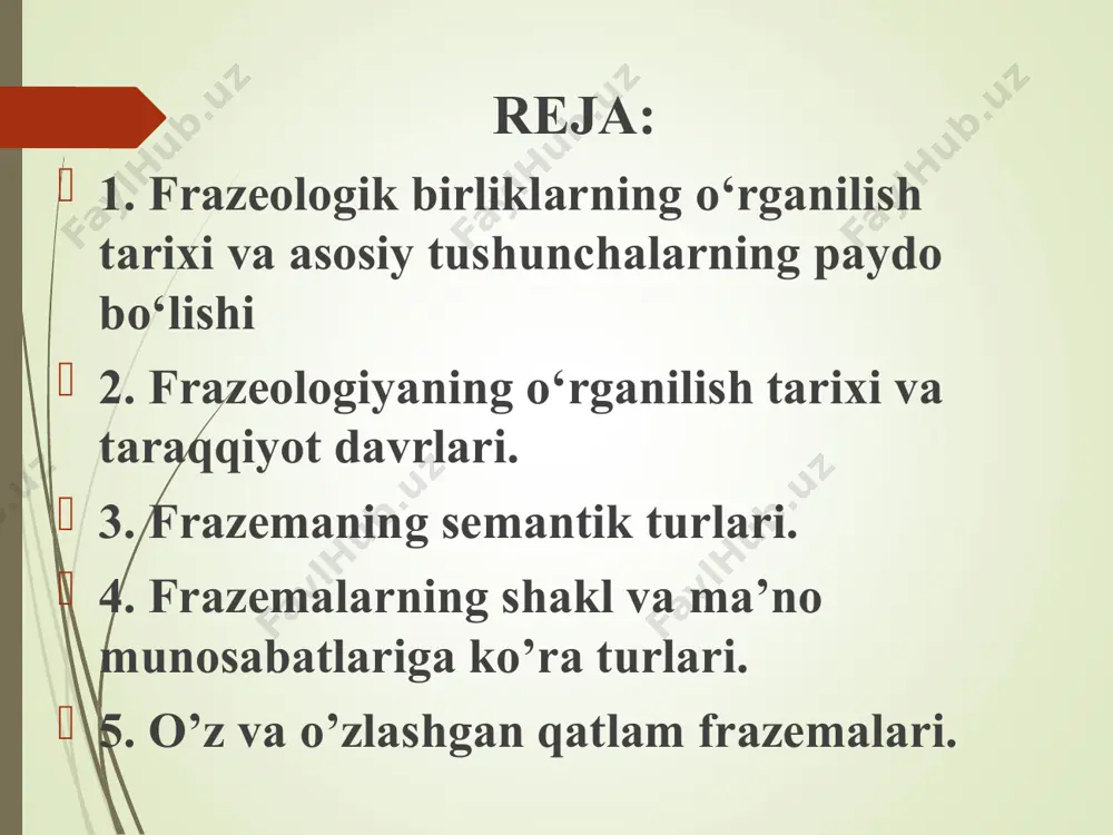 leksik birlik sifatida frazeologizmlarni xarakterlaydigan quyidagi eng muhim belgilarga urg‘u beriladi: tayyorlik – leksemalar kabi nutq jarayoniga qadar yaratilganligi, jamiyat a’zolarining barchasi uchun umumiy va majburiy, tildan tayyor olinishi; barqarorlik − turg‘unligi, til taraqqiyotining muayyan davrida “qotib qolganligi”, qolipga kirganligi; tagma’noga egalik – majoziy ma’no anglatishi. ba’zan frazeologik birlikning majoziy ma’nosini uning kelib chiqish tarixiga murojaat qilmasdan tushunish mumkin bo‘lmaydi; yaxlitlik − tarkibi ikki yoki undan ortiq qismdan iborat bo‘lsa-da, bitta leksik birlikka teng kelishi, yaxlit bir ma’no ifodalashi, nutqda bir so‘roqqa javob bo‘lib, bitta gap bo‘lagi vazifasini bajarishi; obrazlilik ‒ leksemalardan farqlanib, harakat, belgi, holatni obrazli tarzda ifodalaydi. * jahon tilshunosligining bir bo‘limi sifatida o‘zbek tilshunosligida ham frazeologiya o‘ziga xos taraqqiyot bosqichlarini bosib o‘tdi: 1) xx asrning 40-50 yillari. o‘zbek frazeologiyasi fanining shakllanishi va ilk taraqqiyoti davri. jahon frazeologiyasi taraqqiyotining ilk davrida frazeologizmlar ba’zan stilistikaning muammosi, ba’zan leksikografik birlik sifatida o‘rganilgan bo‘lsa, o‘zbek frazeologiyasining shakllanishi va taraqqiyotida muhim rol …