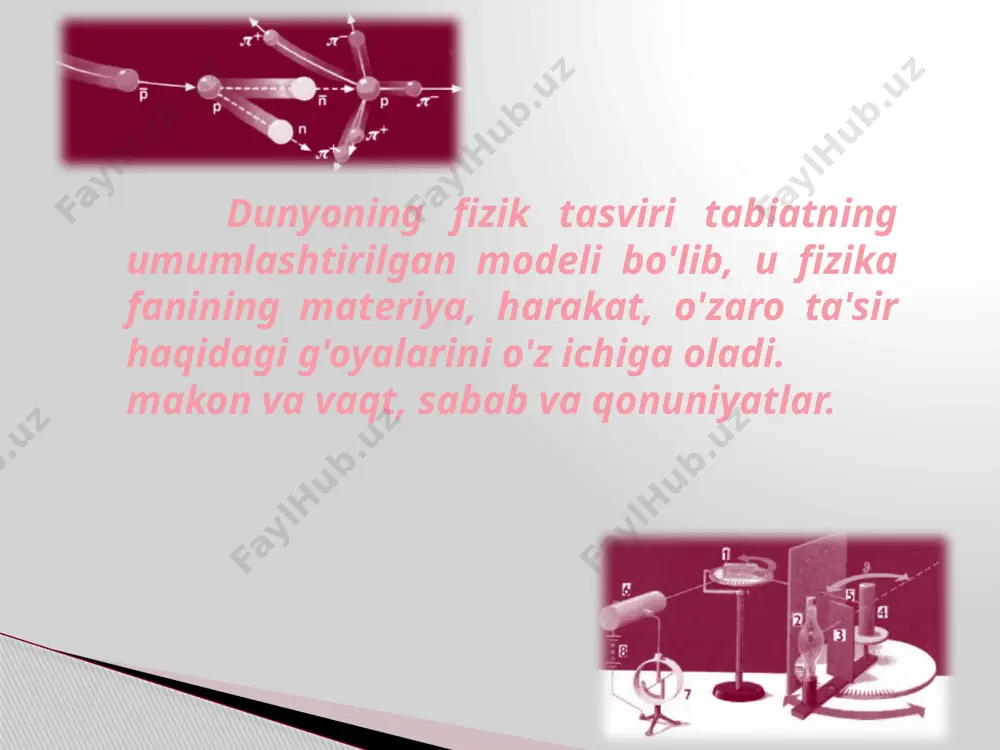 monidan (1879 - 1955) jismoniy dunyo (fkm) taxminan muddat olimlar, eng ko'p hissa qo'shganlar rivojlanishiga qo‘shgan hissasi fkm asosiy qonunlar nazariyalar, tamoyillar mexanik elektrodinamik kvant maydoni dunyo rasmlarini ko'rib chiqish xvi-xviii asrlar . xix - 20- asr xx asr boshlari - xx asr o'rtalari. kepler, galiley, dekart, nyuton faraday, maksvell, lorenz, eynshteyn plank, eynshteyn, bor, ruterford, de brogli, geyzenberg, shredinger nisbiylik printsipi; dinamika qonunlari; universal tortishish qonuni; saqlash qonunlari kulon qonuni; elektromagnit qonun induksiya; maksvell tenglamalari; maxsus nazariya nisbiylik plank gipotezasi; eynshteynning g'oyalari; bor postulatlari; zarracha to'lqin dualizm 10 dunyoning dastlabki falsafiy g'oyalar asosiy tushunchalar asosiy tamoyillar dunyoning mexanik tasviri dunyoning elektromagnit tasviri dunyoning kvant maydoni tasviri materiya moddiy misoldir harakat - oddiy mexanik harakat fazo va vaqt mutlaqdir o'zaro ta'sir kosmosning istalgan nuqtasiga bir zumda uzatiladi nisbiylik printsipi uzoq muddatli printsip tamoyili determinizm materiya uzluksiz maydondir harakat - daladagi tebranishlarning tarqalishi fazo va vaqt nisbiydir o'zaro ta'sir cheklangan tezlikda …