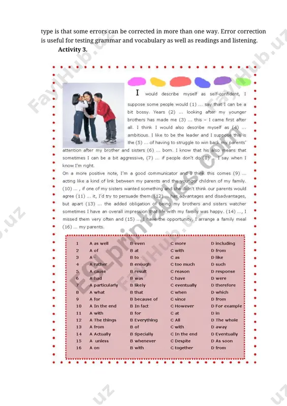 estion type is that some errors can be corrected in more than one way. error correction is useful for testing grammar and vocabulary as well as readings and listening. activity 3. activity 4. giving home task image1.jpeg image2.jpeg /docprops/thumbnail.jpeg