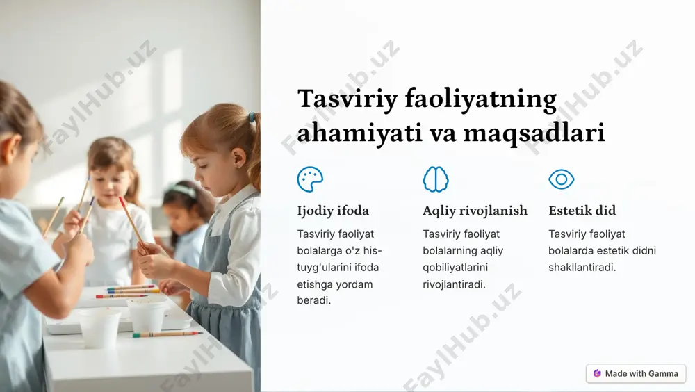 llar bilan ishlash qobiliyati. 3 estetik joziba ishning go'zalligi va nafisligi. https://gamma.app/?utm_source=made-with-gamma dars ishlanmalari 1 2 3 ranglar tabiat ranglarini o'rganish. shakllar oddiy geometrik shakllarni chizish. kompozitsiya rasmda elementlarni joylashtirish. https://gamma.app/?utm_source=made-with-gamma ota-onalarning bolalar tasviriy faoliyatidagi ishtiroki 1 qiziqishni qo'llab-quvvatlash bolaning ijodiga qiziqish bildirish. 2 materiallar bilan ta'minlash bolani kerakli materiallar bilan ta'minlash. 3 baho berish bolaning ishlariga to'g'ri baho berish. https://gamma.app/?utm_source=made-with-gamma xulosa tevarak-atrofni tasvirlash orqali bolalarning ijodiy qobiliyatlarini rivojlantirish muhim ahamiyatga ega. ushbu faoliyat bolalarga dunyoni anglash va o'z fikrlarini ifoda etishga yordam beradi. https://gamma.app/?utm_source=made-with-gamma